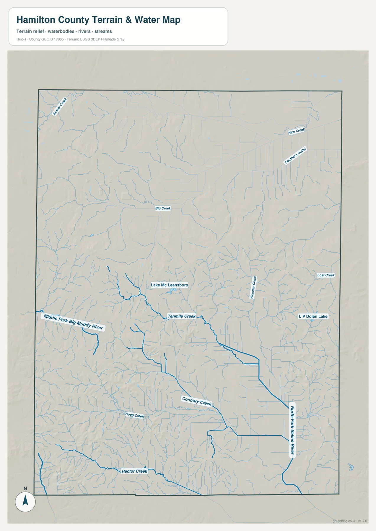 Hamilton County Illinois water and terrain map with Lake McLeansboro, Tenmile Creek, Middle Fork Big Muddy River, North Fork Saline River, and L P Dolan Lake