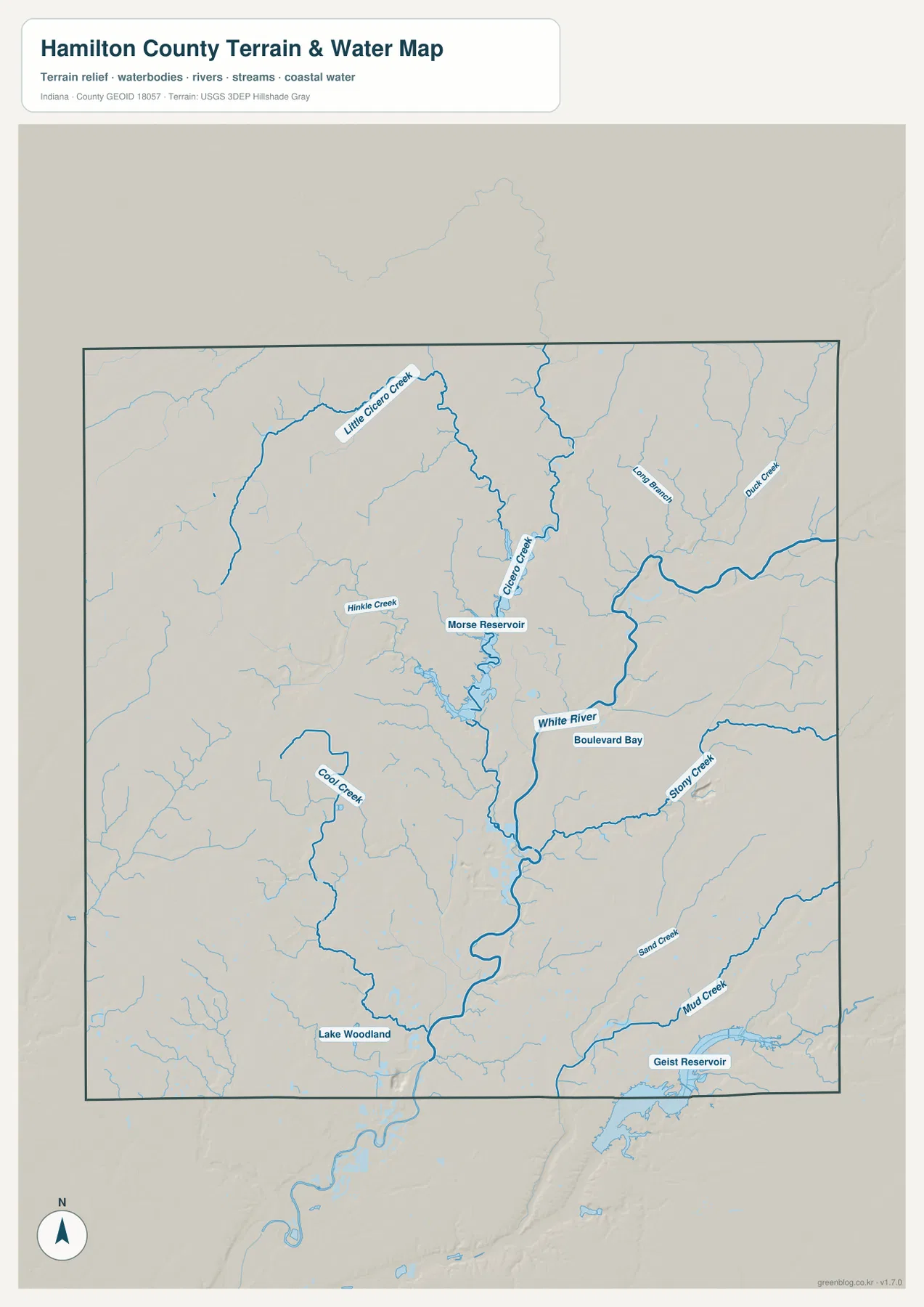 Hamilton County 수역과 지형 지도에 Morse Reservoir, White River, Geist Reservoir, Cicero Creek, Stony Creek, Cool Creek가 표시된 모습