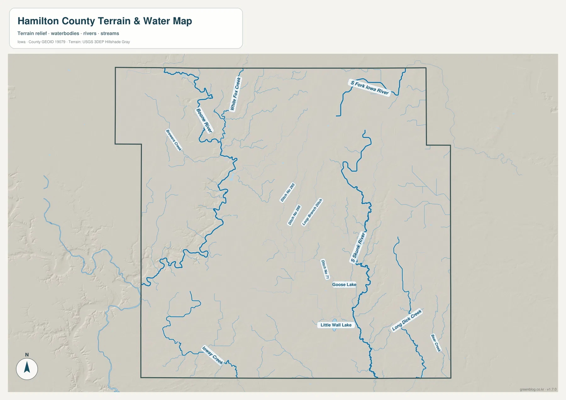 Hamilton County Iowa Boone River South Skunk River South Fork Iowa River 물 지형 지도