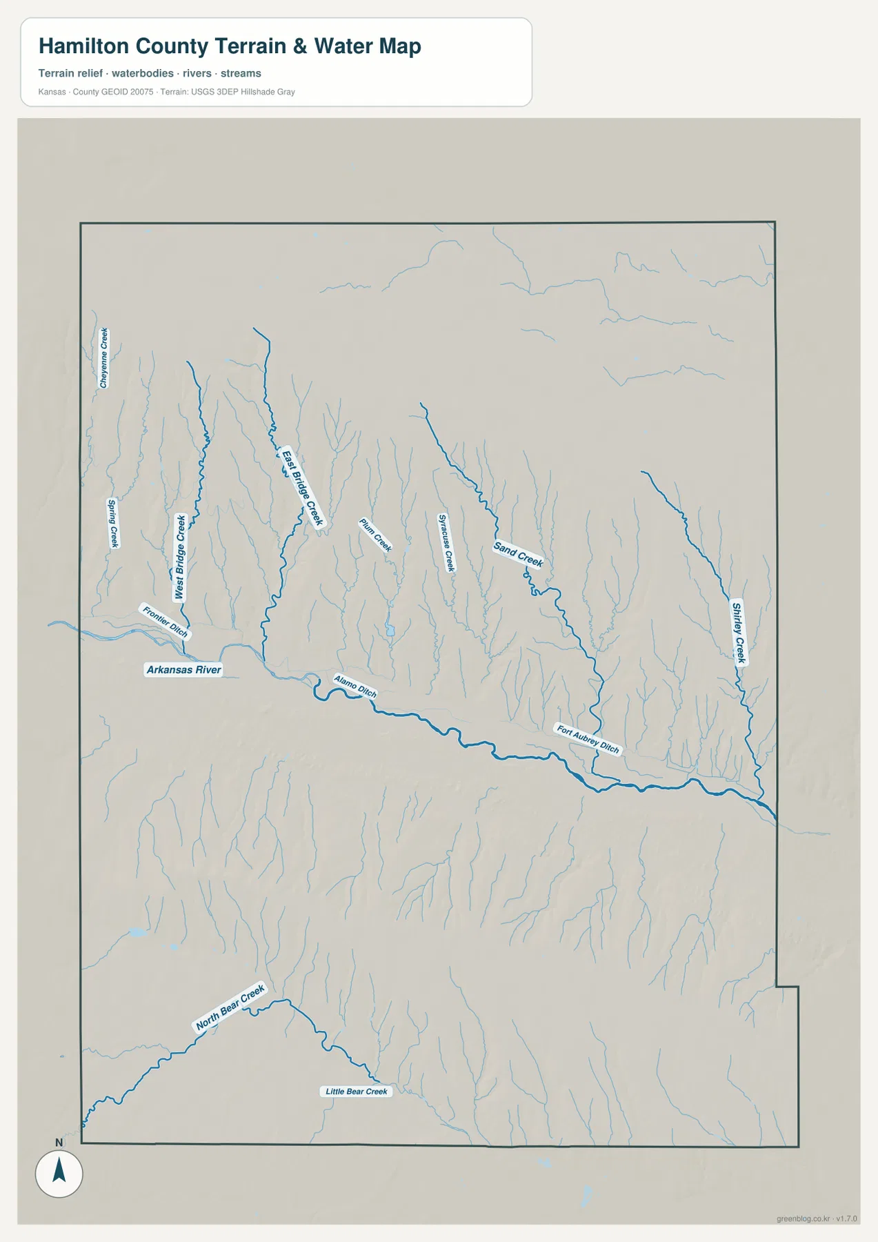 Hamilton County terrain and water map showing Arkansas River, Cheyenne Creek, West Bridge Creek, East Bridge Creek, Syracuse Creek, Sand Creek, Shirley Creek, and named ditches