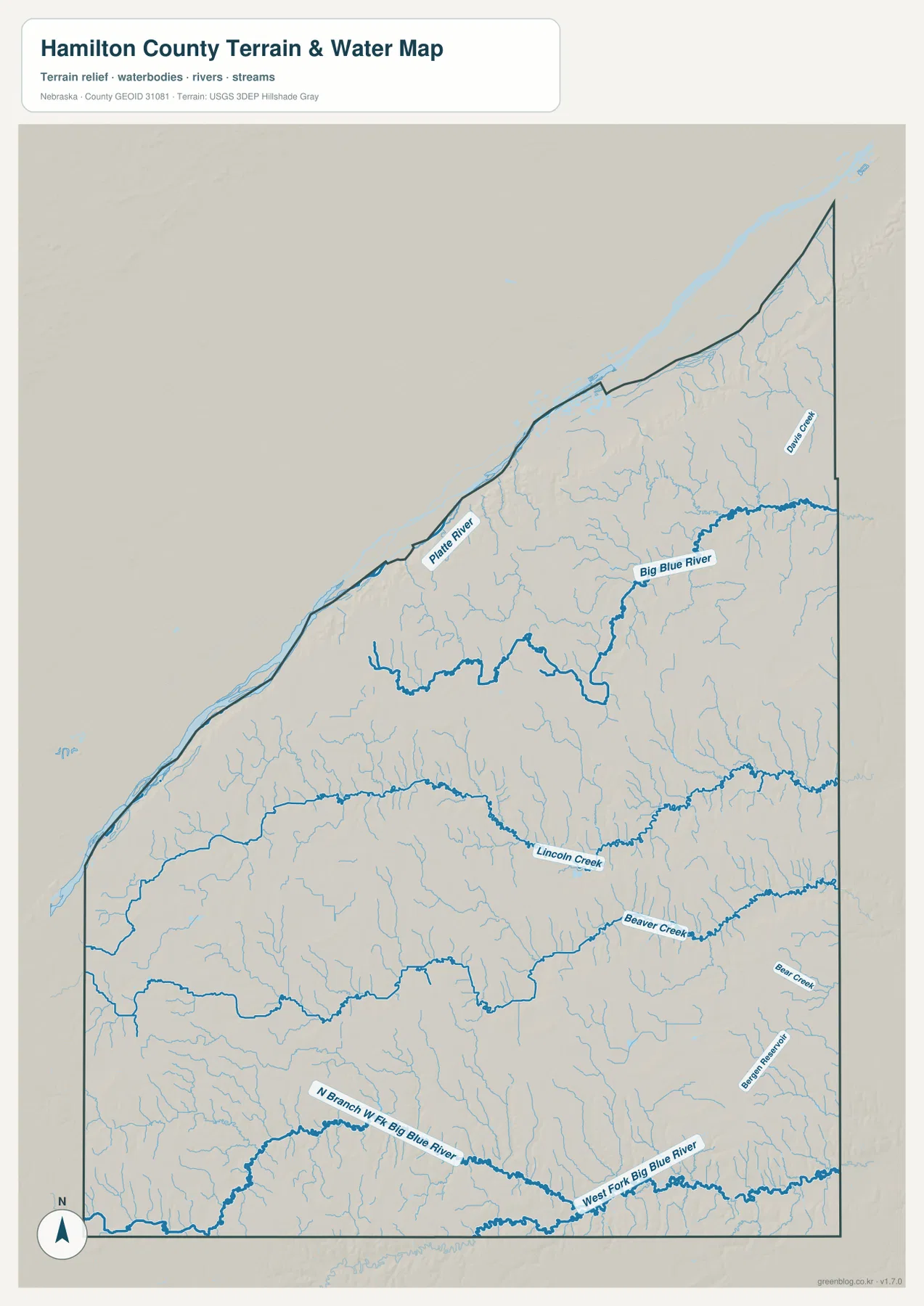 Platte River, Big Blue River, Lincoln Creek, Beaver Creek, West Fork Big Blue River와 주요 지류를 보여 주는 Hamilton County 수역 지도