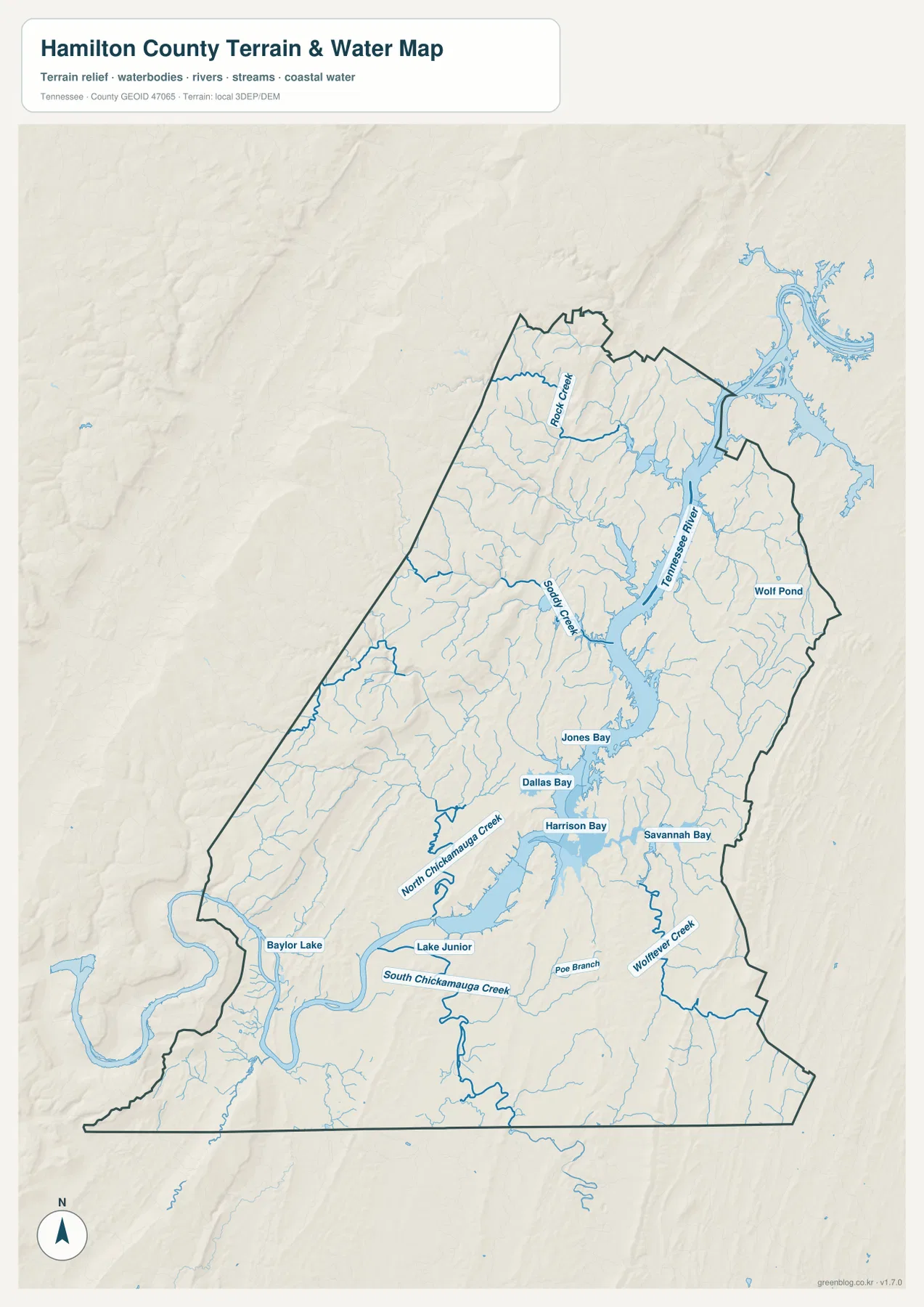 해밀턴 카운티 수역 지도 - Tennessee River, Dallas Bay, Harrison Bay, Savannah Bay, Chickamauga Creek