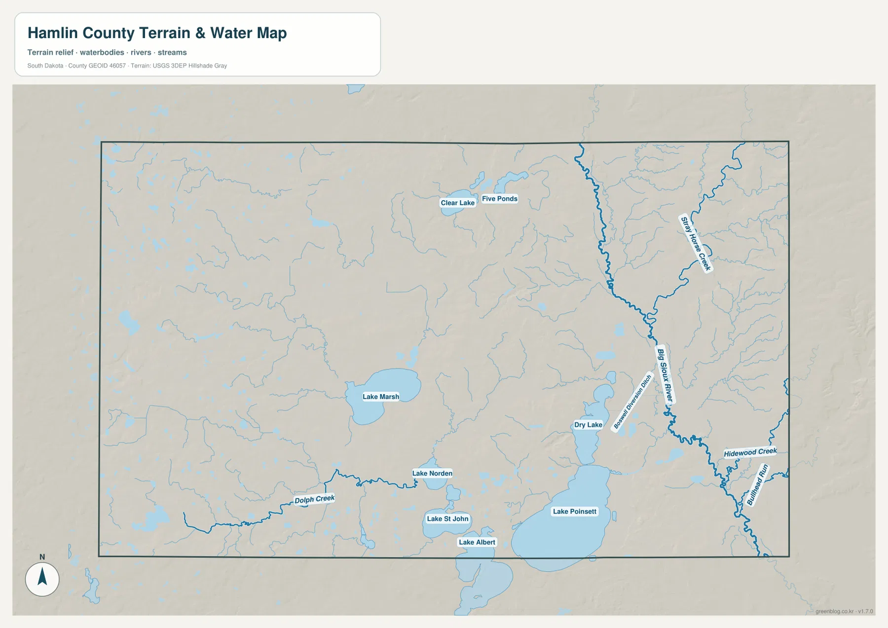 Hamlin County 수역과 지형 지도에서 Big Sioux River, Lake Poinsett, Lake Norden, Lake Marsh와 여러 지류를 표시한 모습