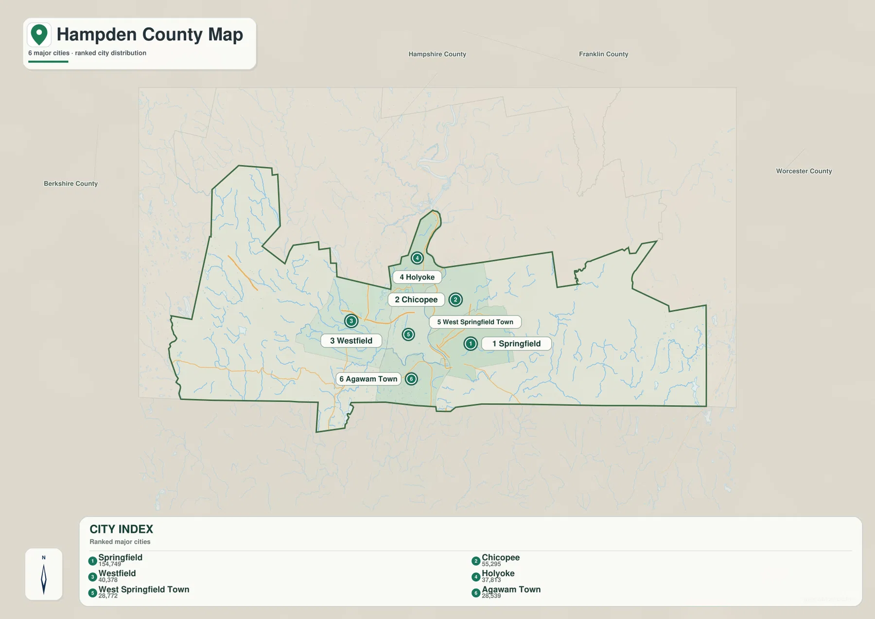 Hampden County major city map ranking Springfield, Chicopee, Westfield, Holyoke, West Springfield, and Agawam