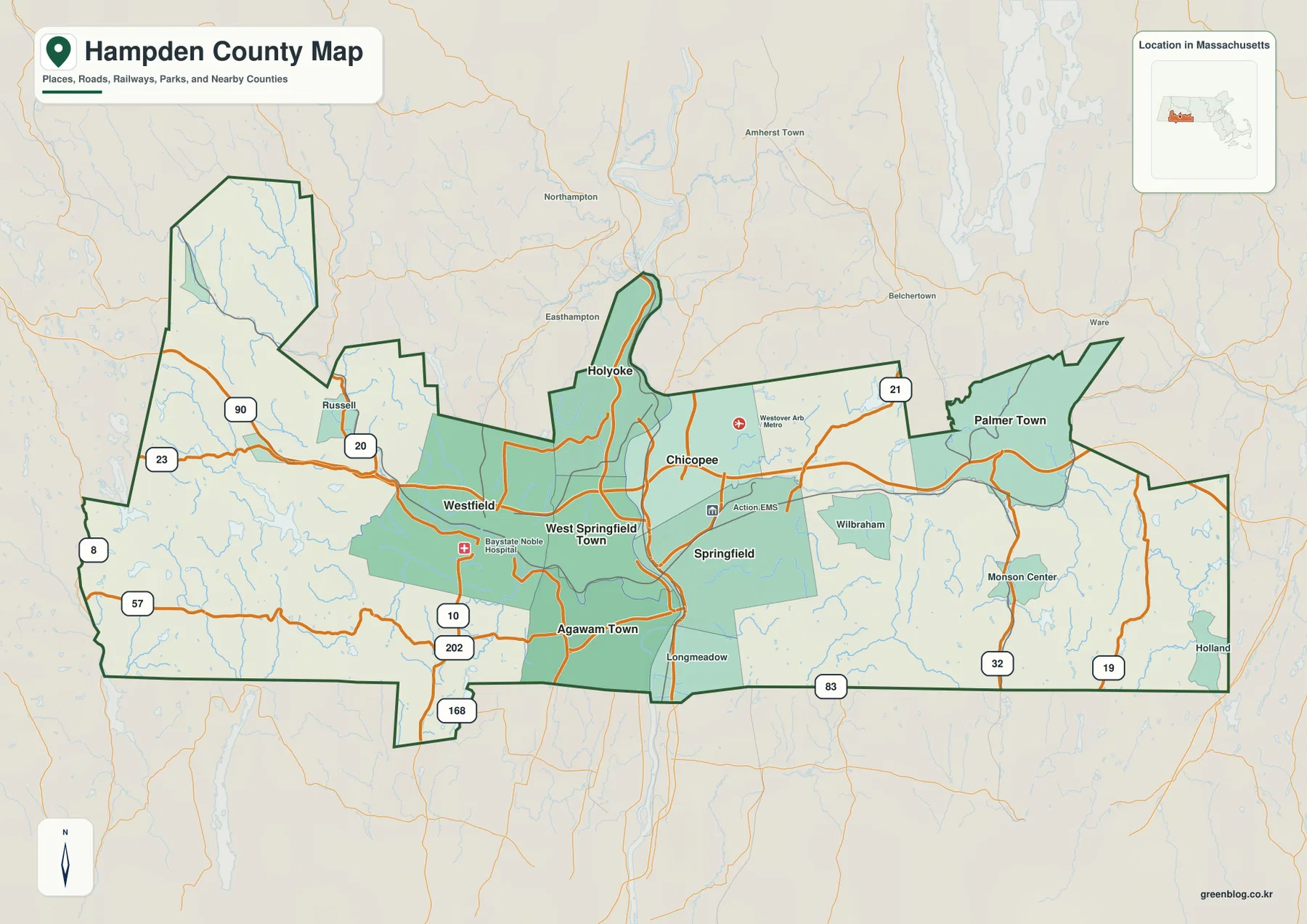 Hampden County Massachusetts map showing Springfield, Chicopee, Holyoke, Westfield, West Springfield, Agawam, and major roads