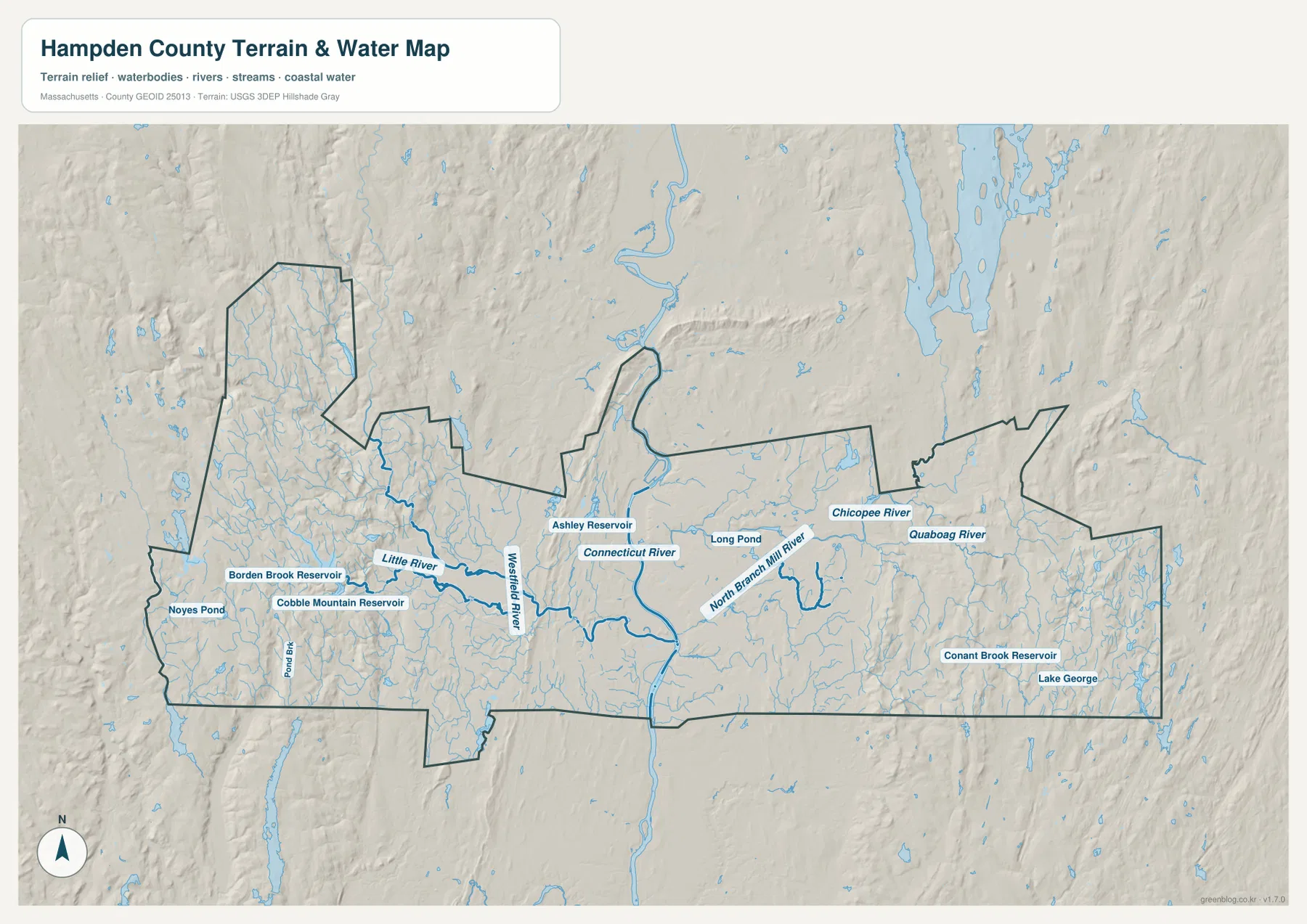 Hampden County terrain and water map showing the Connecticut, Westfield, Chicopee, Quaboag, and North Branch Mill rivers with reservoirs and shaded relief