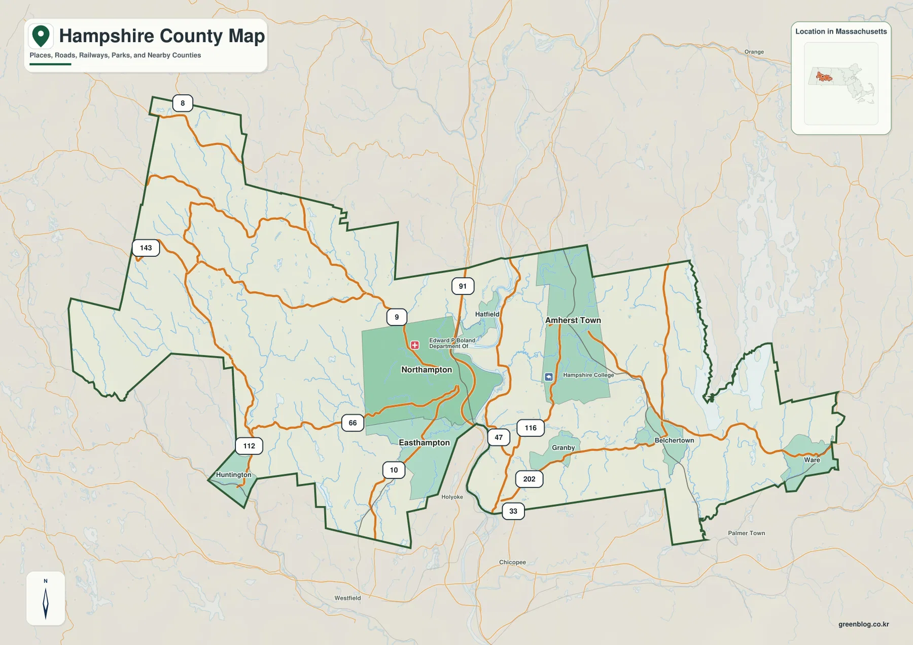 Hampshire County Massachusetts map showing Northampton, Amherst Town, Easthampton, Hatfield, Belchertown, Ware, Route 9, I-91, and other major roads