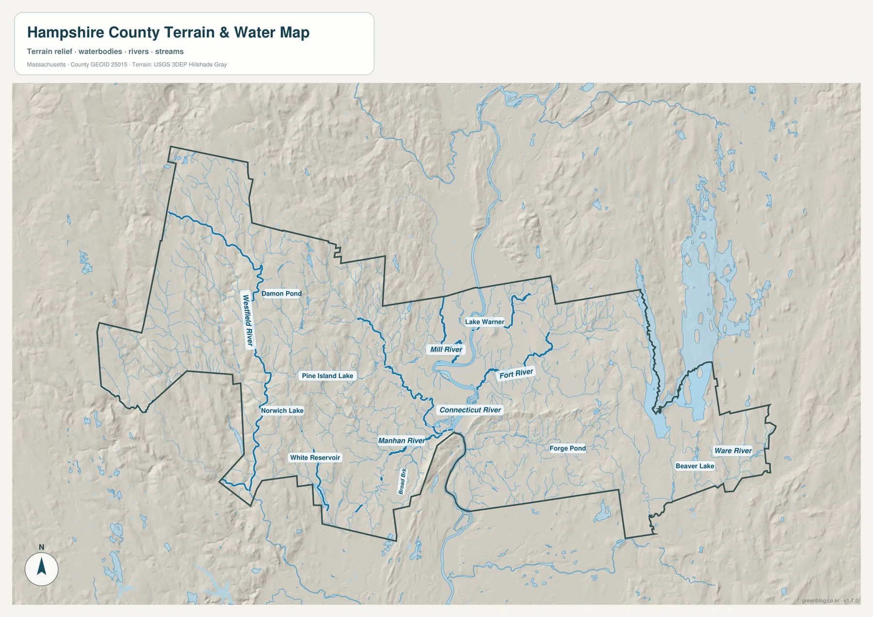 Hampshire County terrain and water map showing the Connecticut, Westfield, Manhan, Mill, Fort, and Ware rivers with lakes and shaded relief