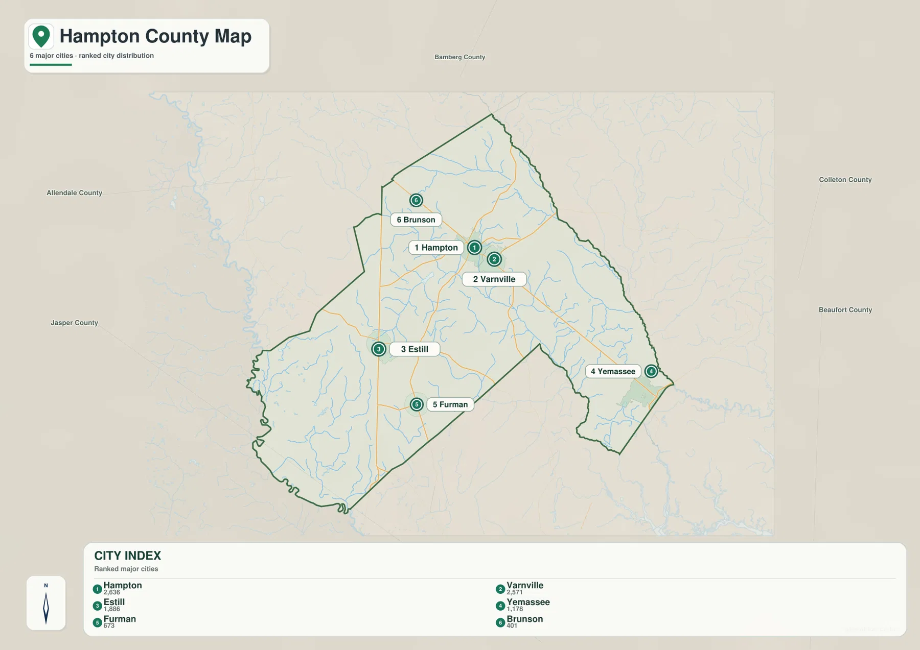 Hampton County city map ranking Hampton, Varnville, Estill, Yemassee, Furman, and Brunson