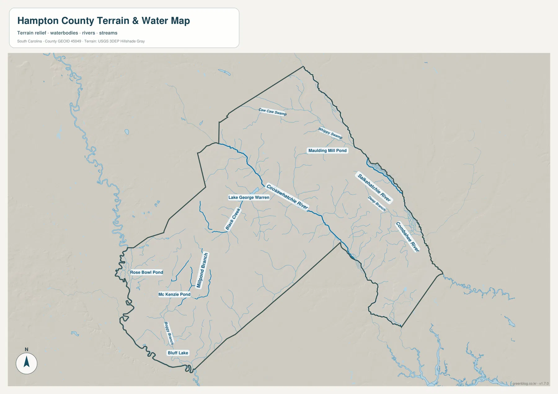 Hampton County terrain and water map with Coosawhatchie River, Salkehatchie River, Combahee River, swamps, ponds, and branches