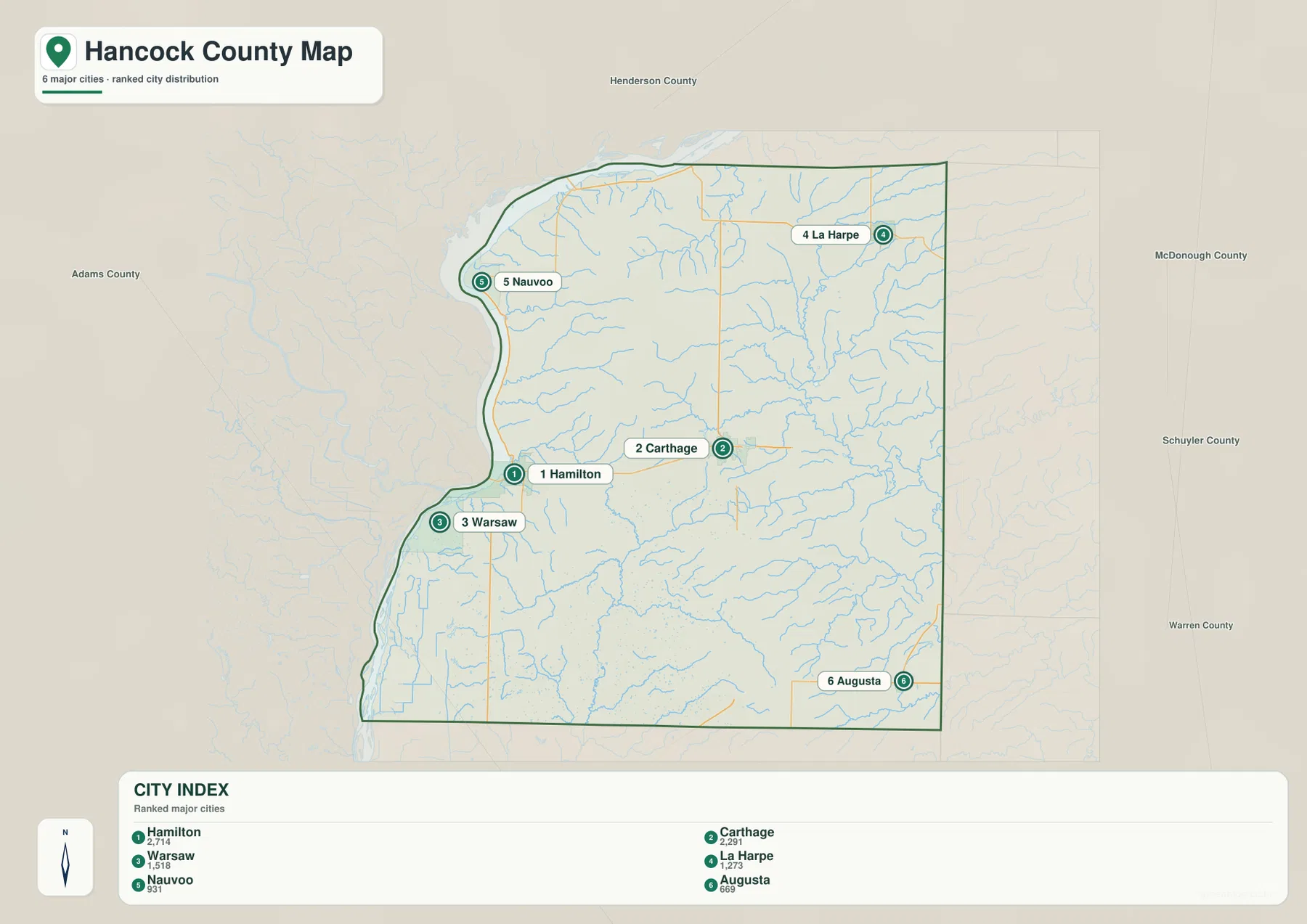 Ranked Hancock County city map with Hamilton, Carthage, Warsaw, La Harpe, Nauvoo and Augusta