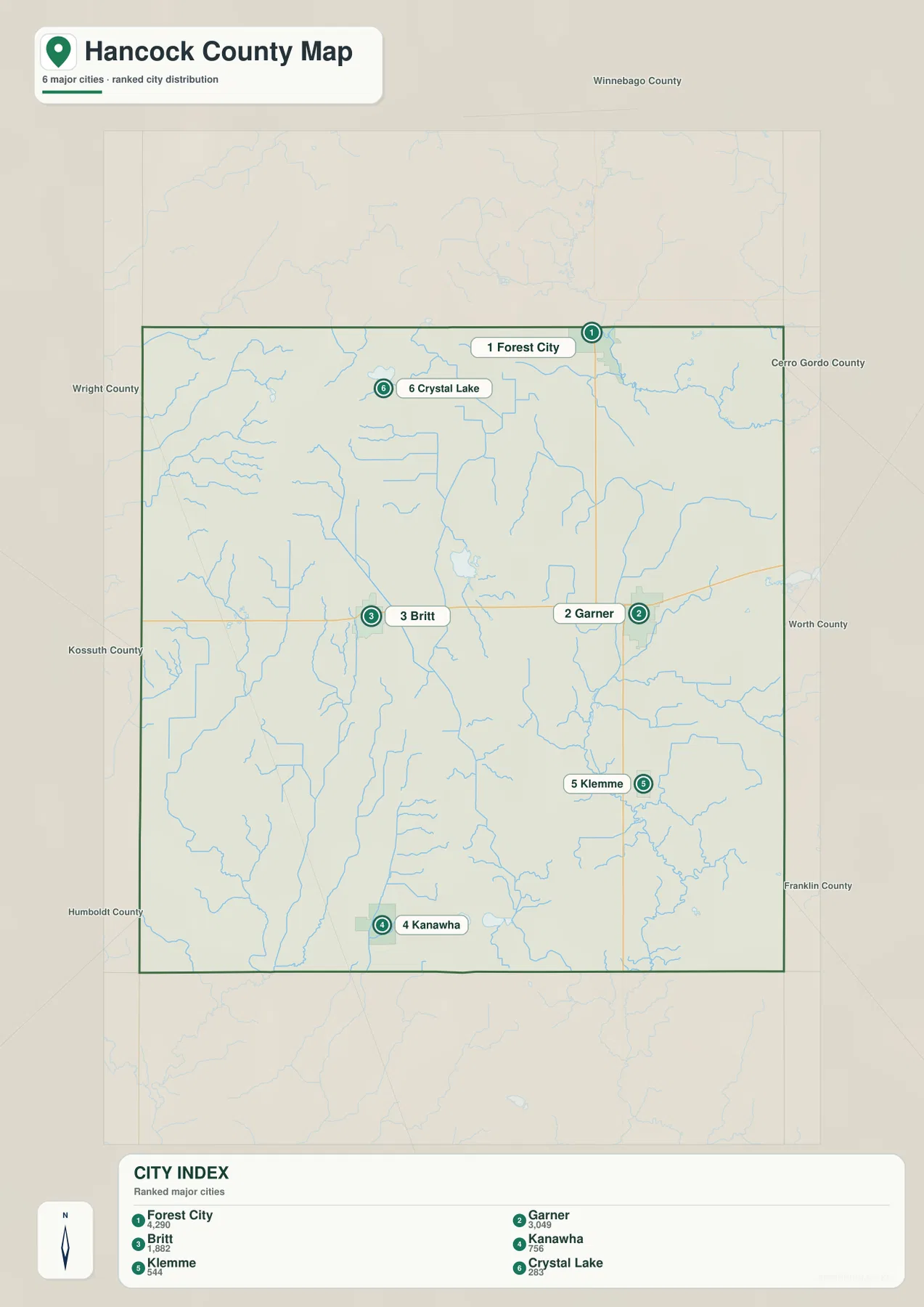 Hancock County Iowa Forest City Garner Britt Kanawha Klemme Crystal Lake 도시 지도