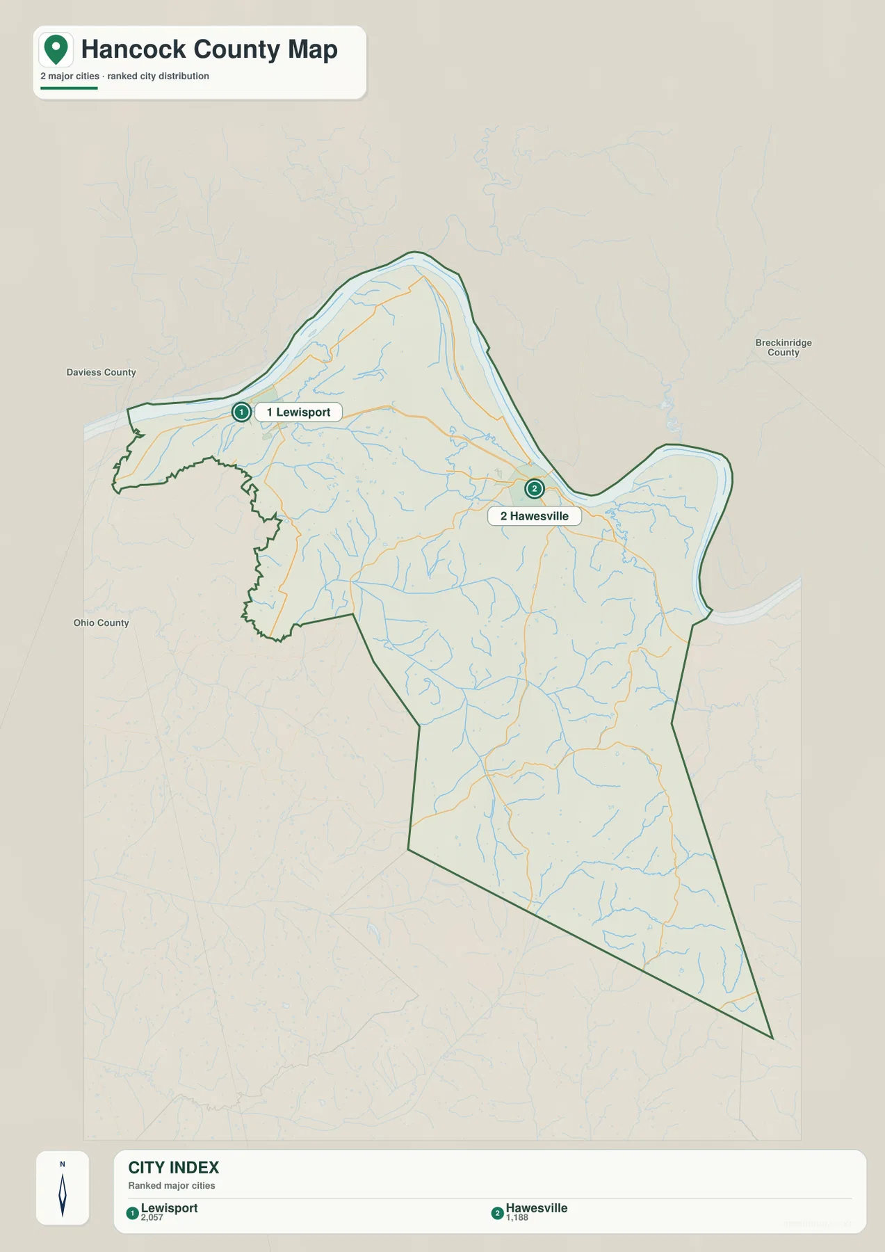Hancock County city map with Lewisport and Hawesville ranked as the two major cities