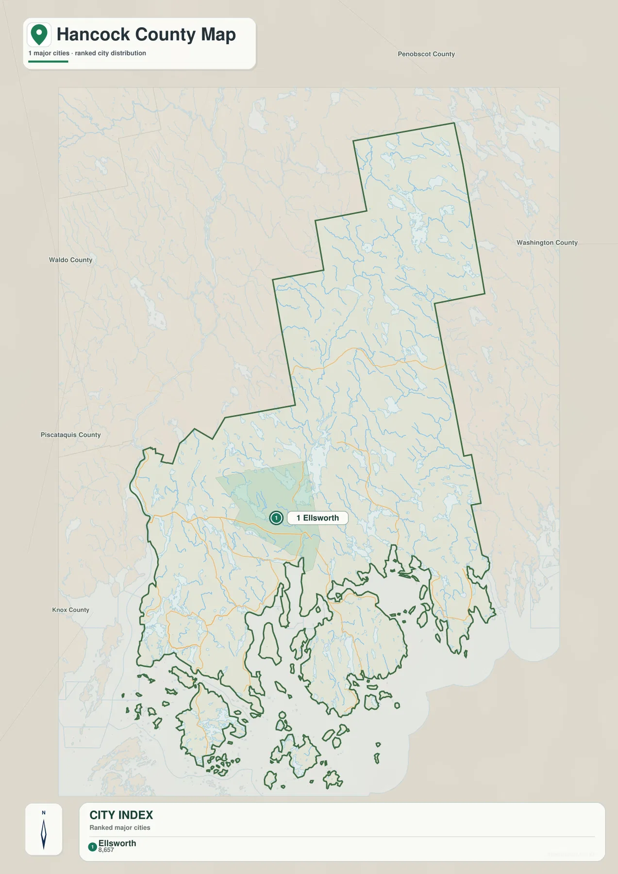 Hancock County city index map highlighting Ellsworth in the southern mainland portion of the county
