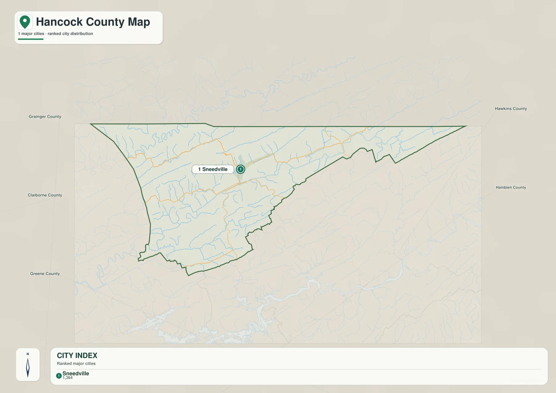 Hancock County Tennessee city map showing Sneedville and surrounding county references