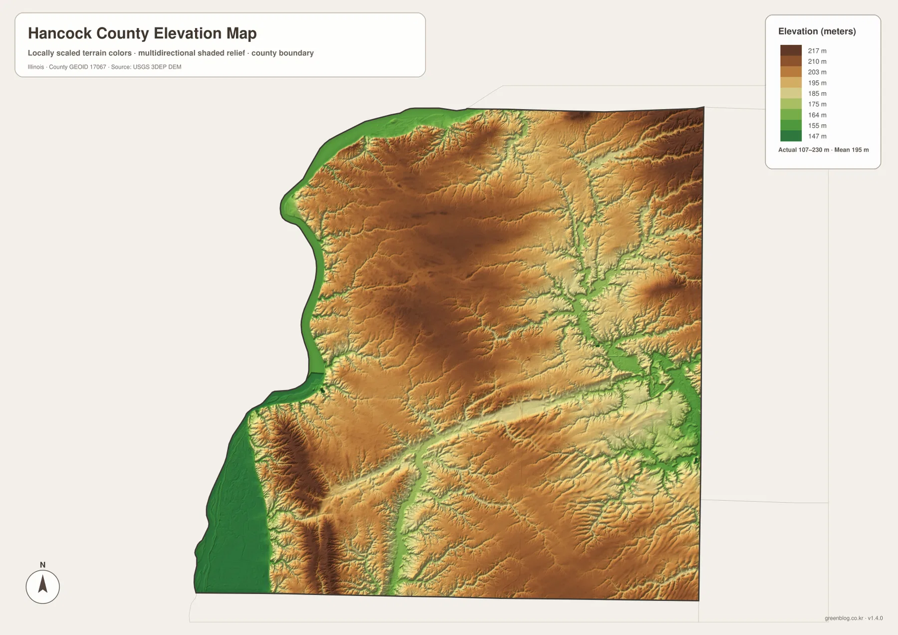 Hancock County elevation map showing 107 to 230 meter relief, Mississippi River lowlands and higher interior ridges
