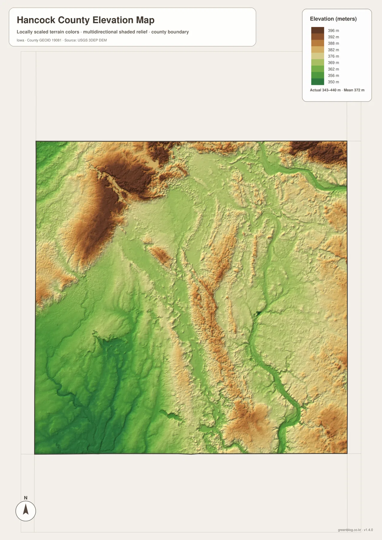 Hancock County Iowa 343 440m 고도 남서 저지 북부 고지 Boone River Iowa River 지도