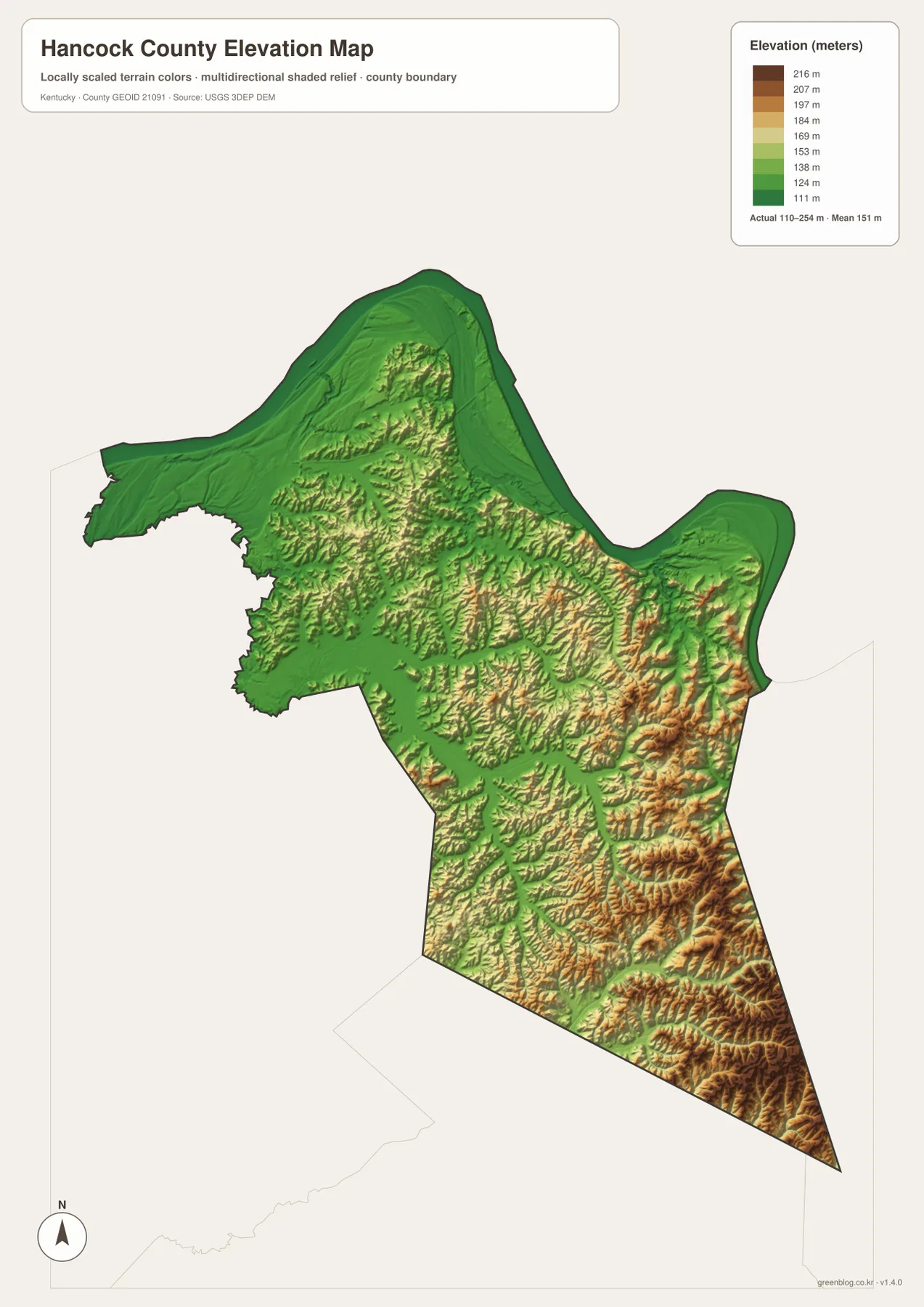 Hancock County Kentucky elevation map showing a 110 to 254 meter range and 151 meter mean