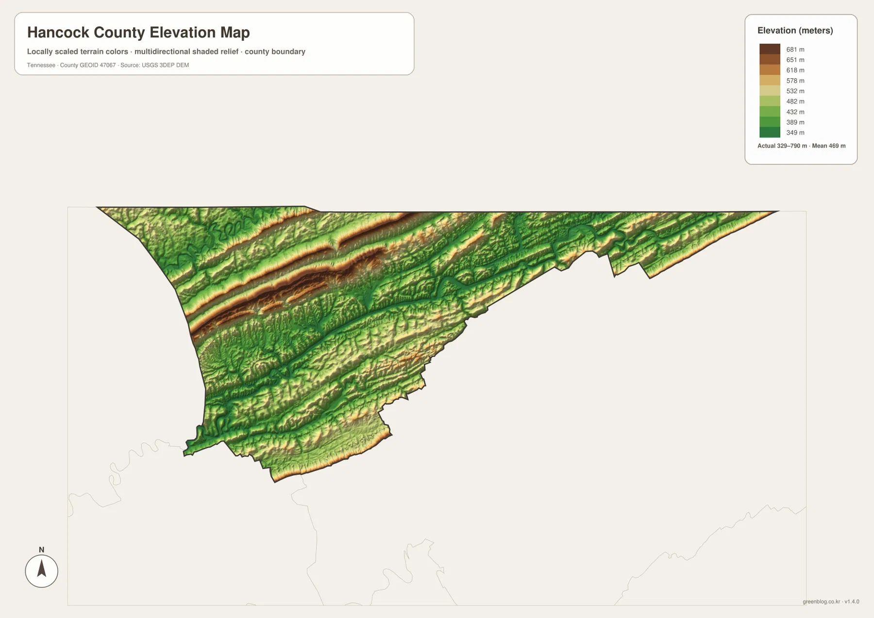 Hancock County Tennessee elevation map showing 329 to 790 meter relief, high ridges and Powell and Clinch river valleys