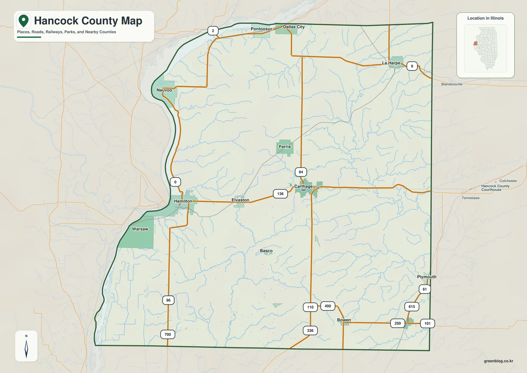 Hancock County Illinois road and boundary map showing the Mississippi River, Carthage, Nauvoo, Warsaw and major routes