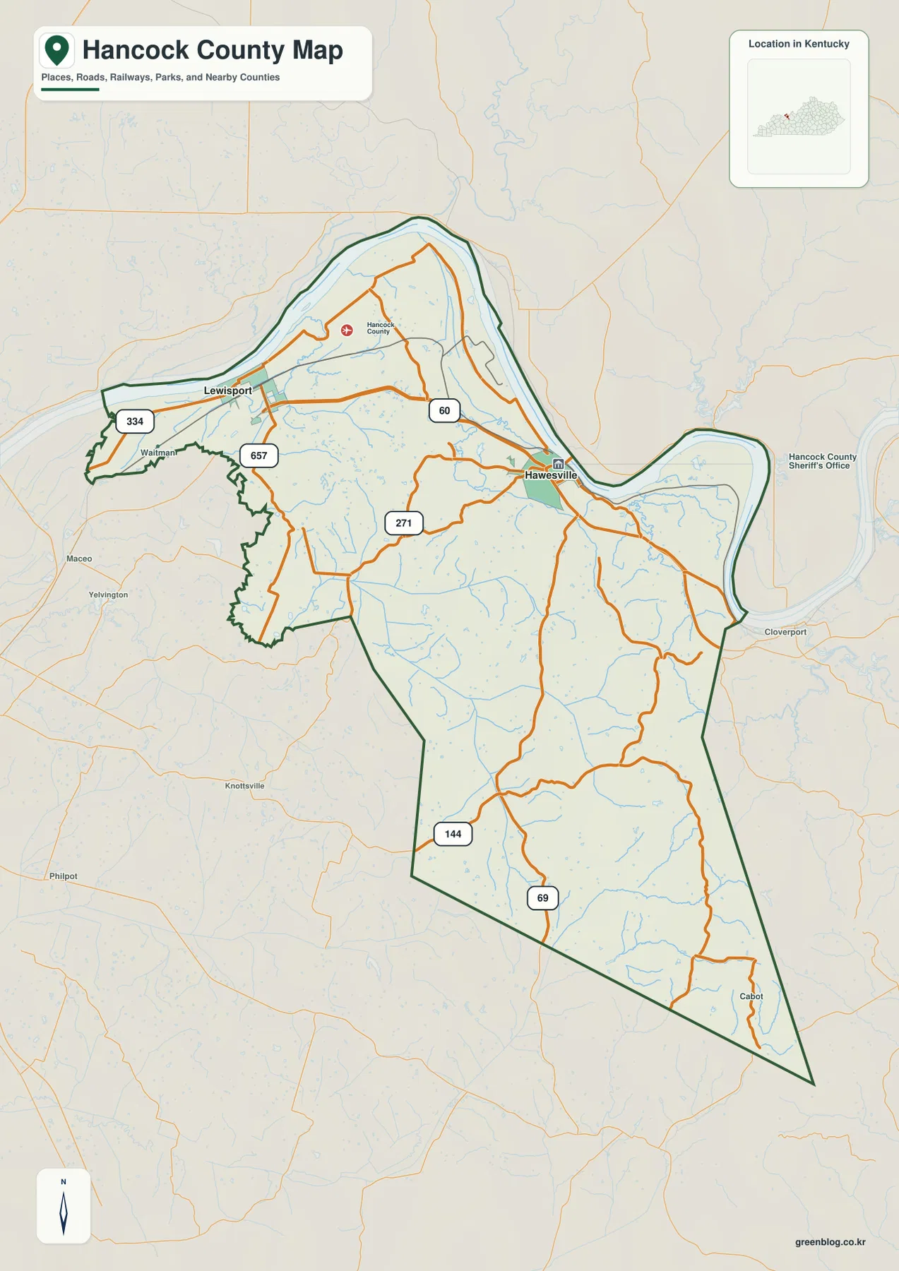 Hancock County Kentucky map showing Lewisport, Hawesville, U.S. 60, and major state roads