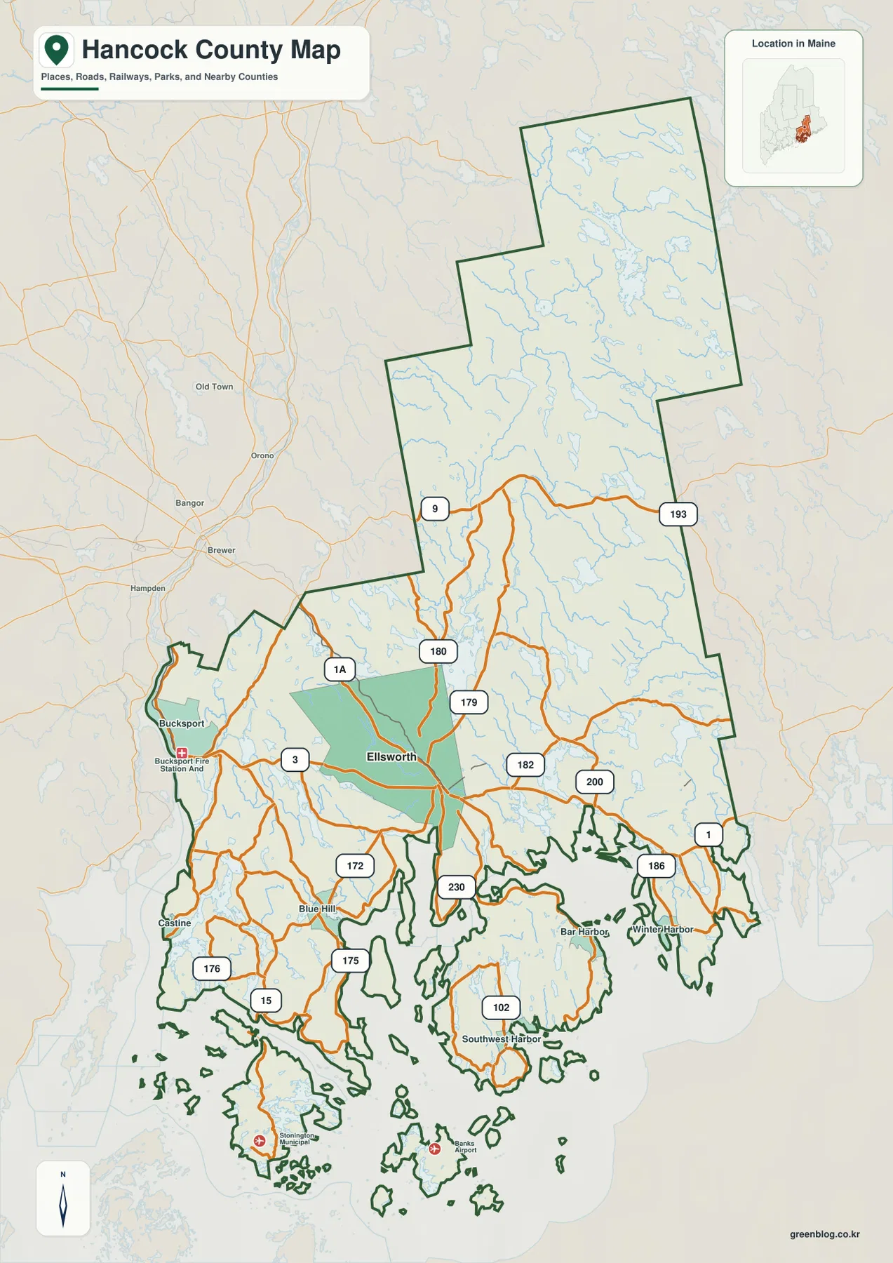 Hancock County Maine map showing Ellsworth, Bucksport, Blue Hill, Castine, Bar Harbor, Winter Harbor, U.S. 1, Route 3, and other state roads