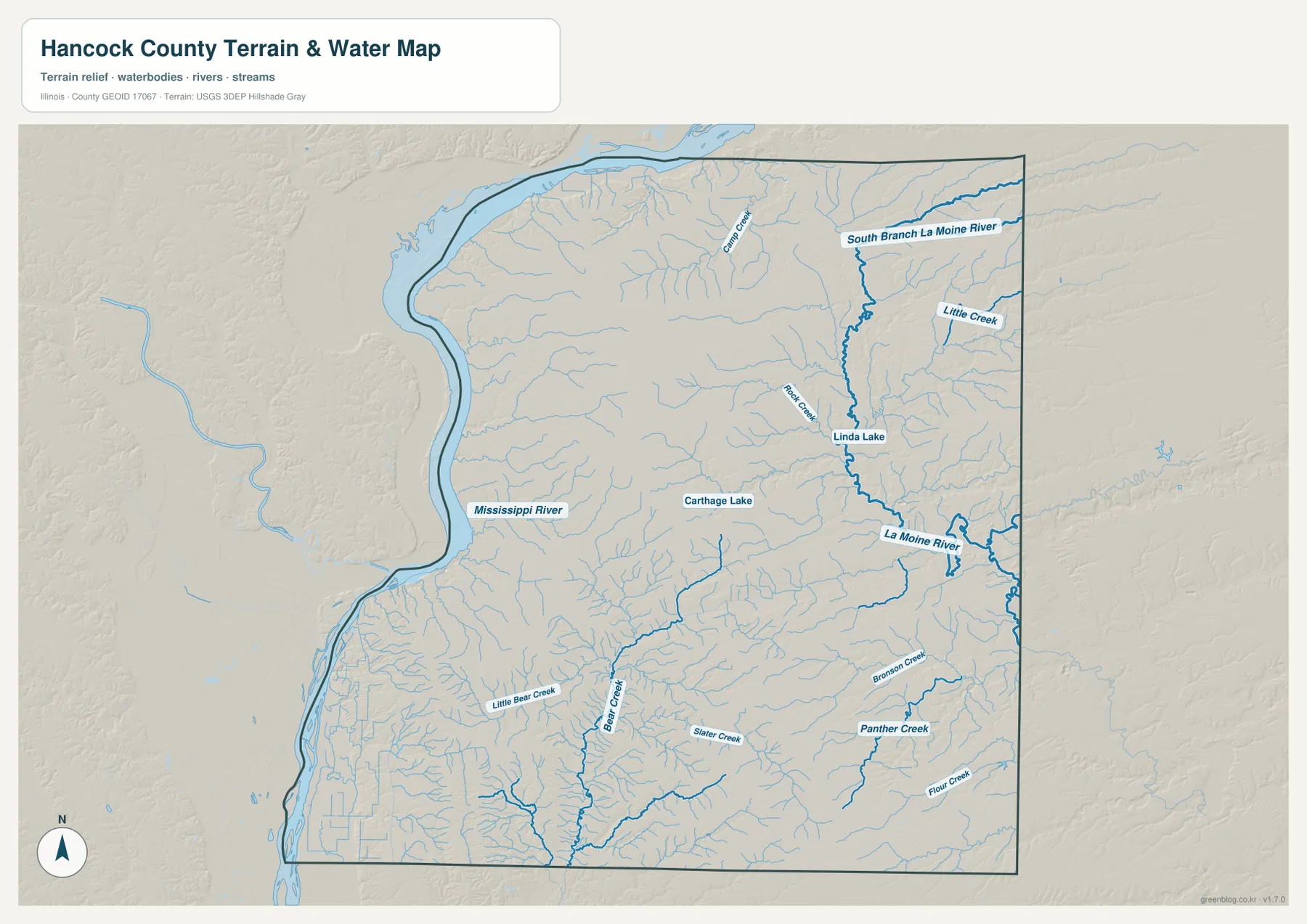 Hancock County terrain and water map with the Mississippi River, La Moine River, Bear Creek and Carthage Lake