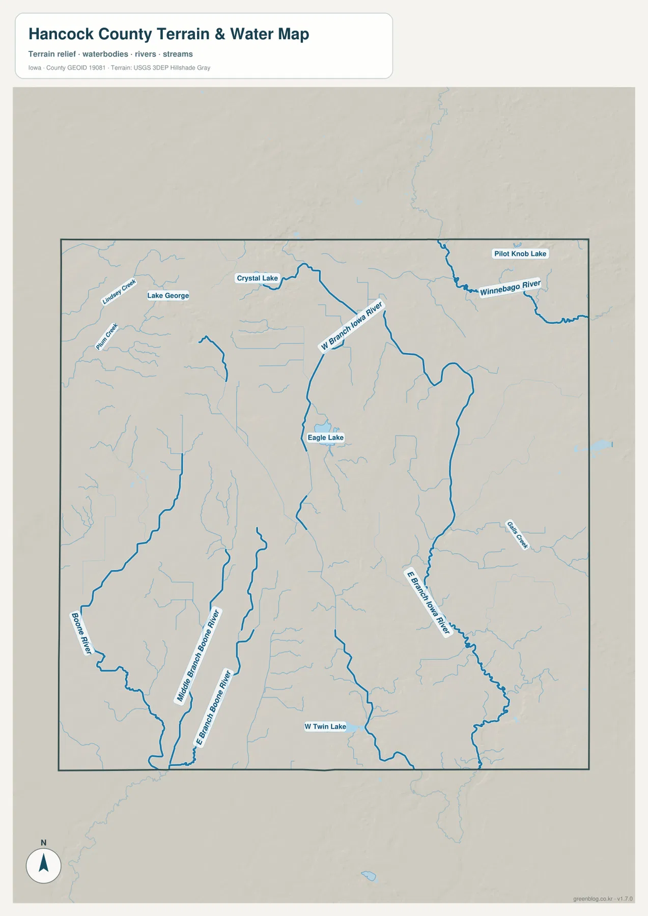 Hancock County Iowa Boone River East Branch Iowa River Winnebago River Crystal Lake 물 지형 지도