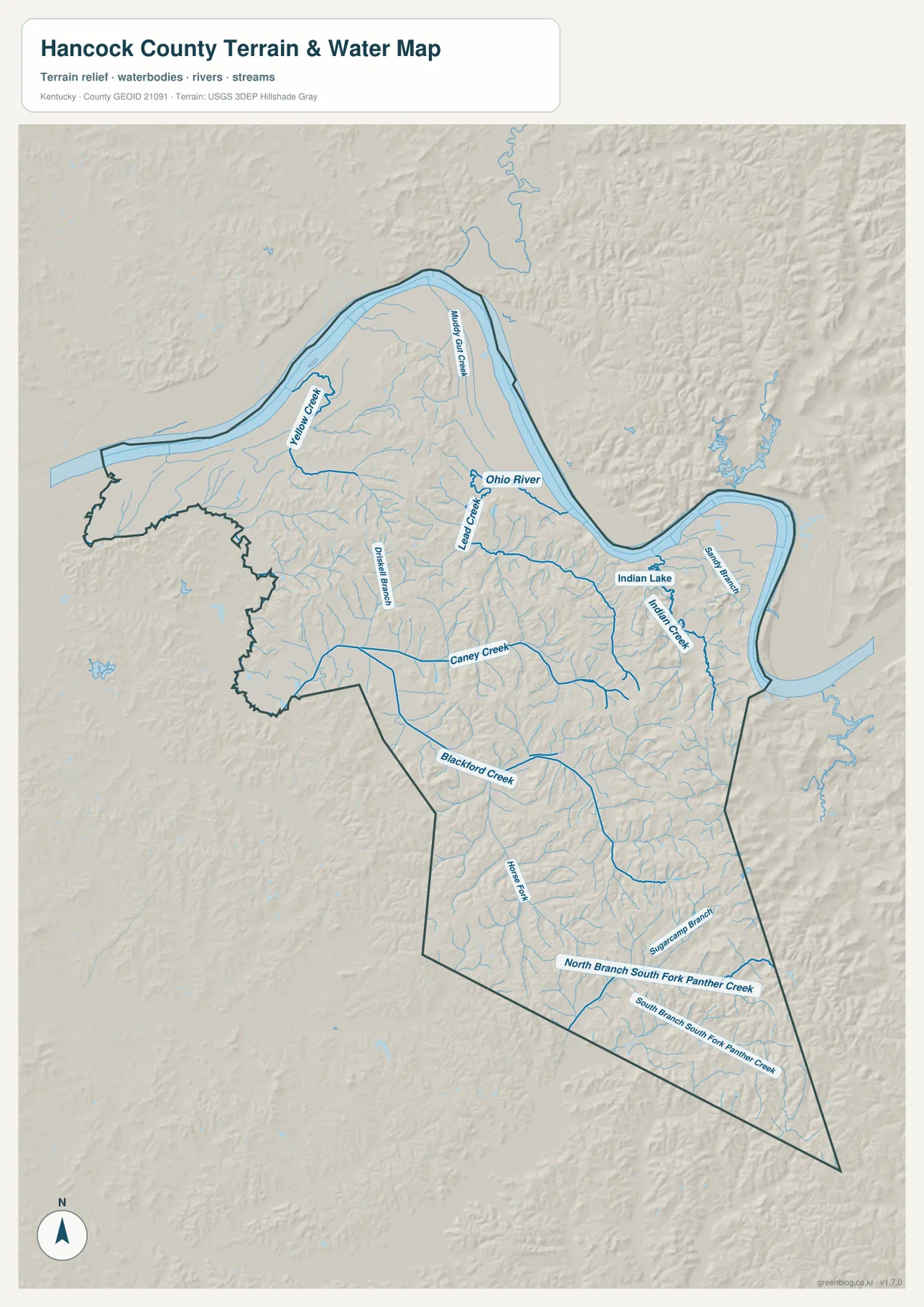 Hancock County terrain and water map showing the Ohio River, Caney Creek, Indian Lake, and smaller tributaries