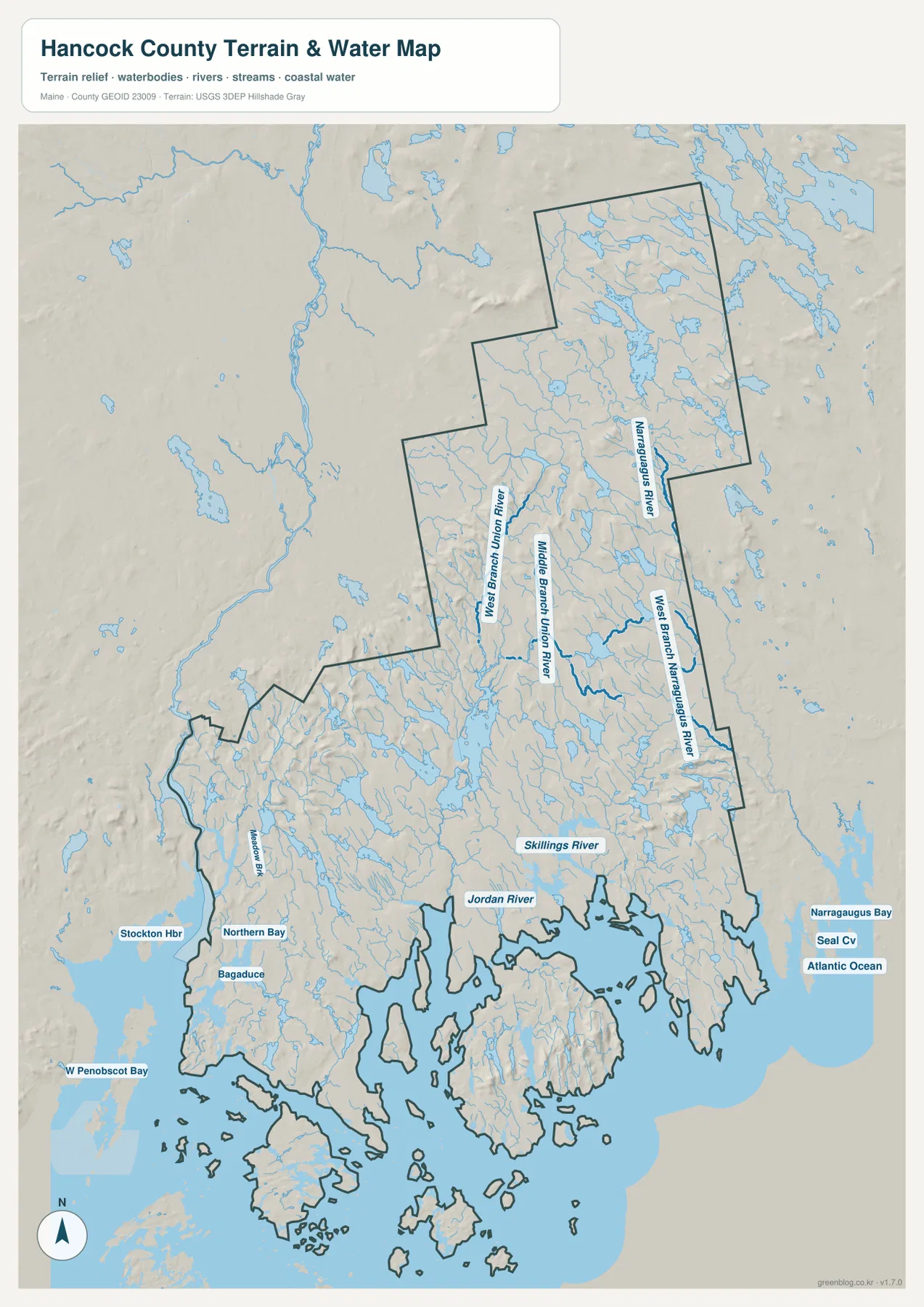 Hancock County terrain and water map showing Union River branches, Narraguagus River, Skillings River, Jordan River, Penobscot Bay waters, Narraguagus Bay, and the Atlantic coast