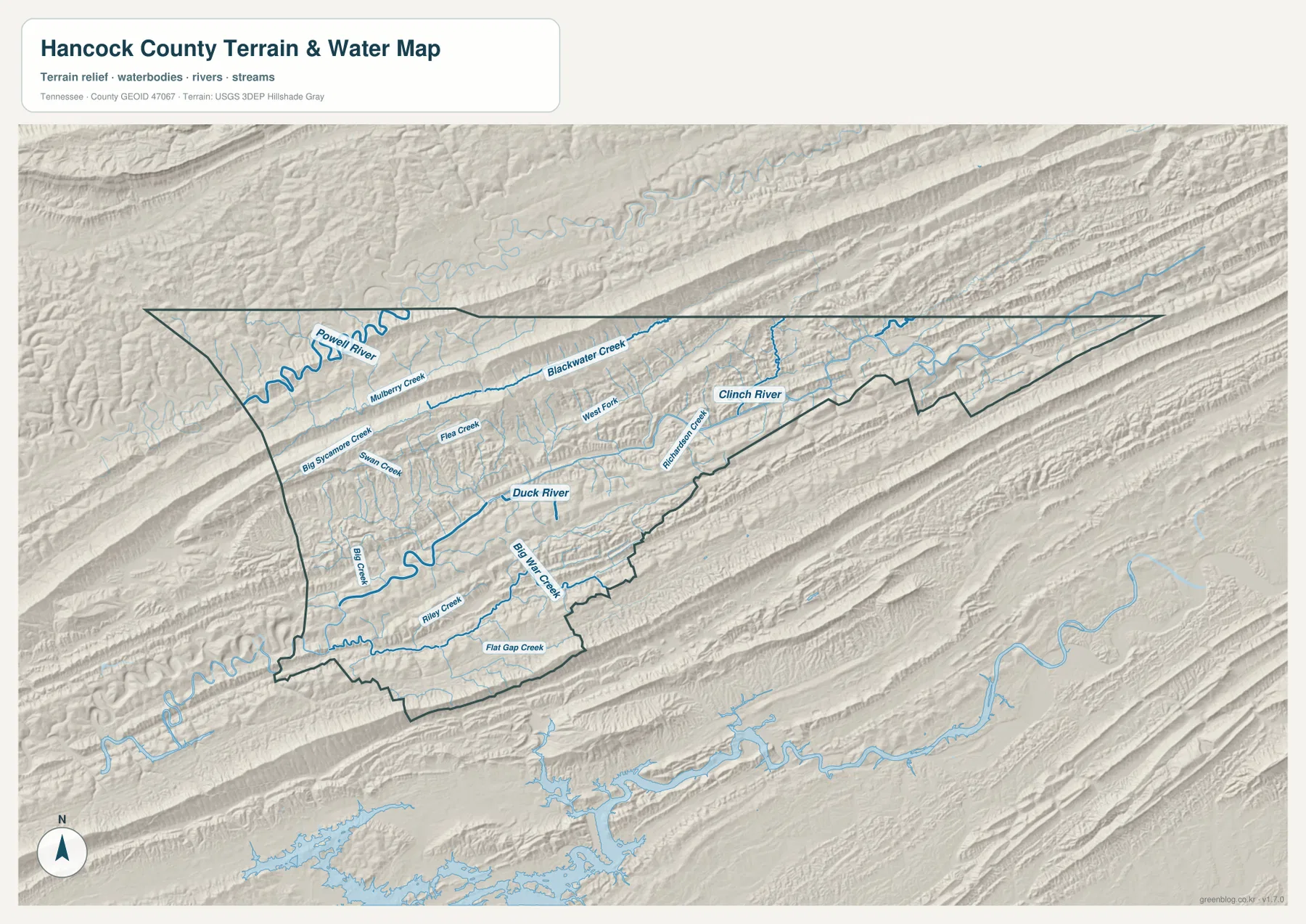 Hancock County Tennessee water map with Powell River, Clinch River, Blackwater Creek, Big War Creek and tributaries