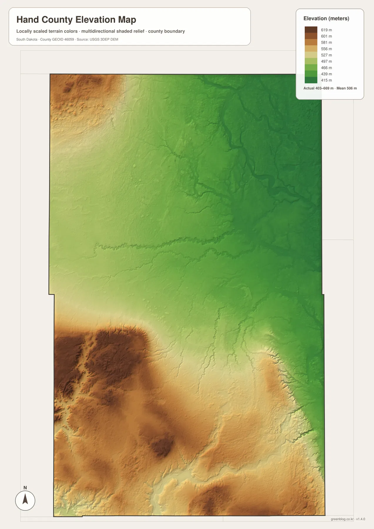 Hand County elevation map showing the roughly 403 to 669 meter range, higher southwest terrain, and lower eastern areas