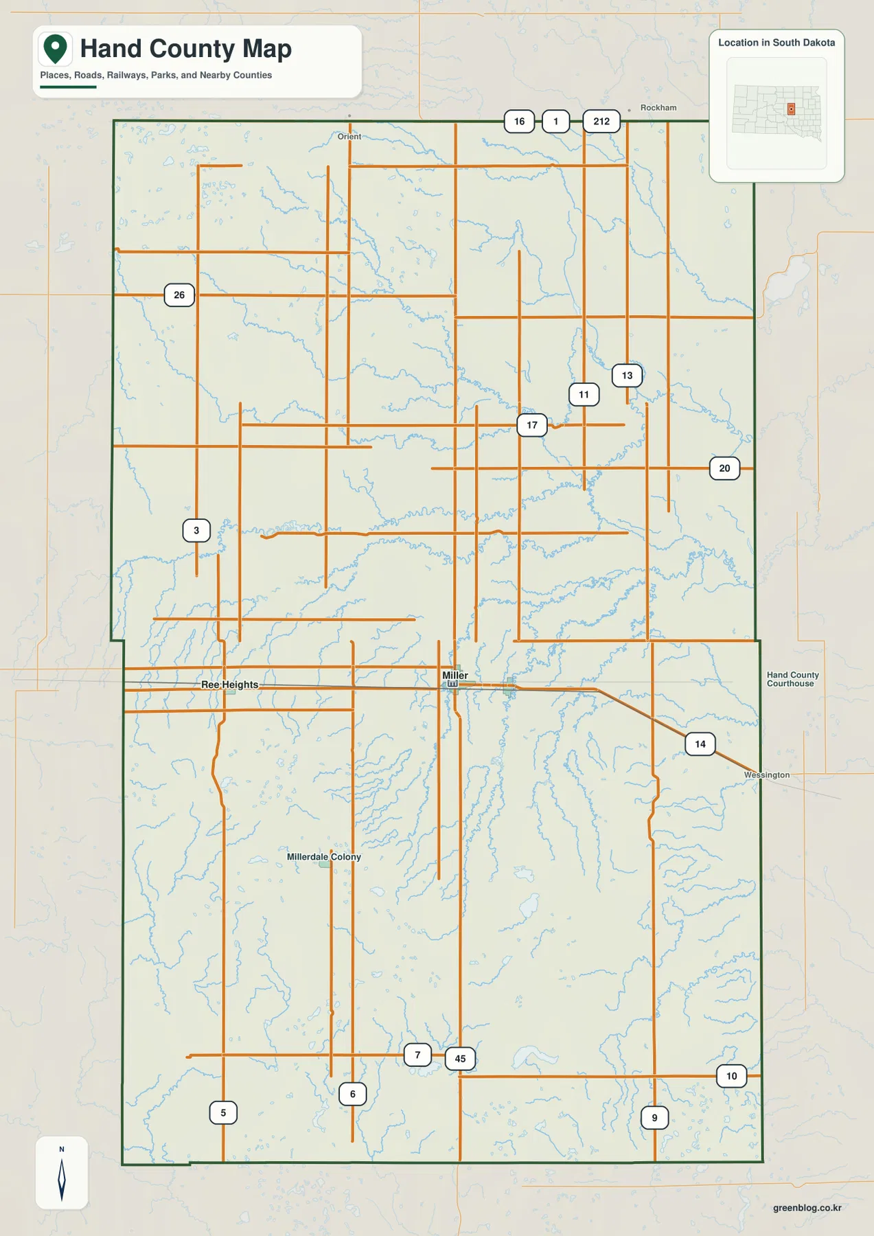 Hand County South Dakota general map showing Miller, Ree Heights, Millerdale Colony, major roads, and the county boundary