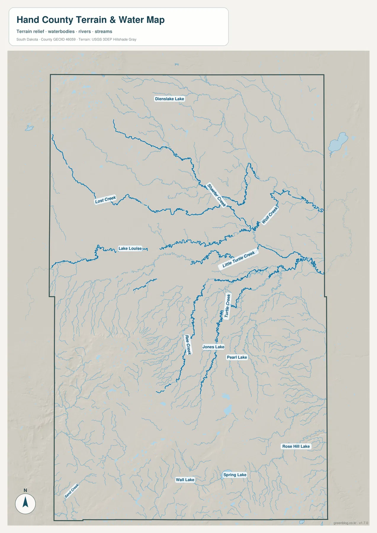 Hand County waterways map showing Turtle Creek, Little Turtle Creek, Ree Creek, Wolf Creek, Lake Louise, and southern lakes