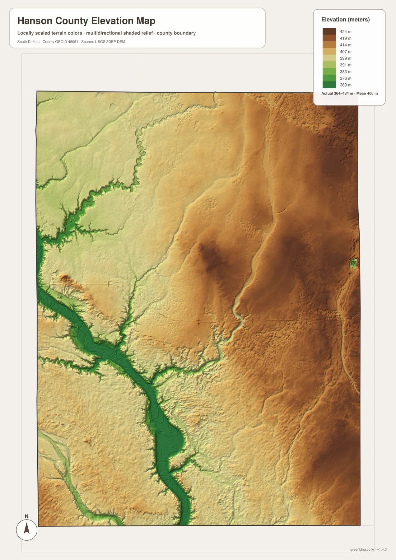 Hanson County elevation map showing an actual range of about 364 to 443 meters, lower ground along the James River, and higher terrain in the east