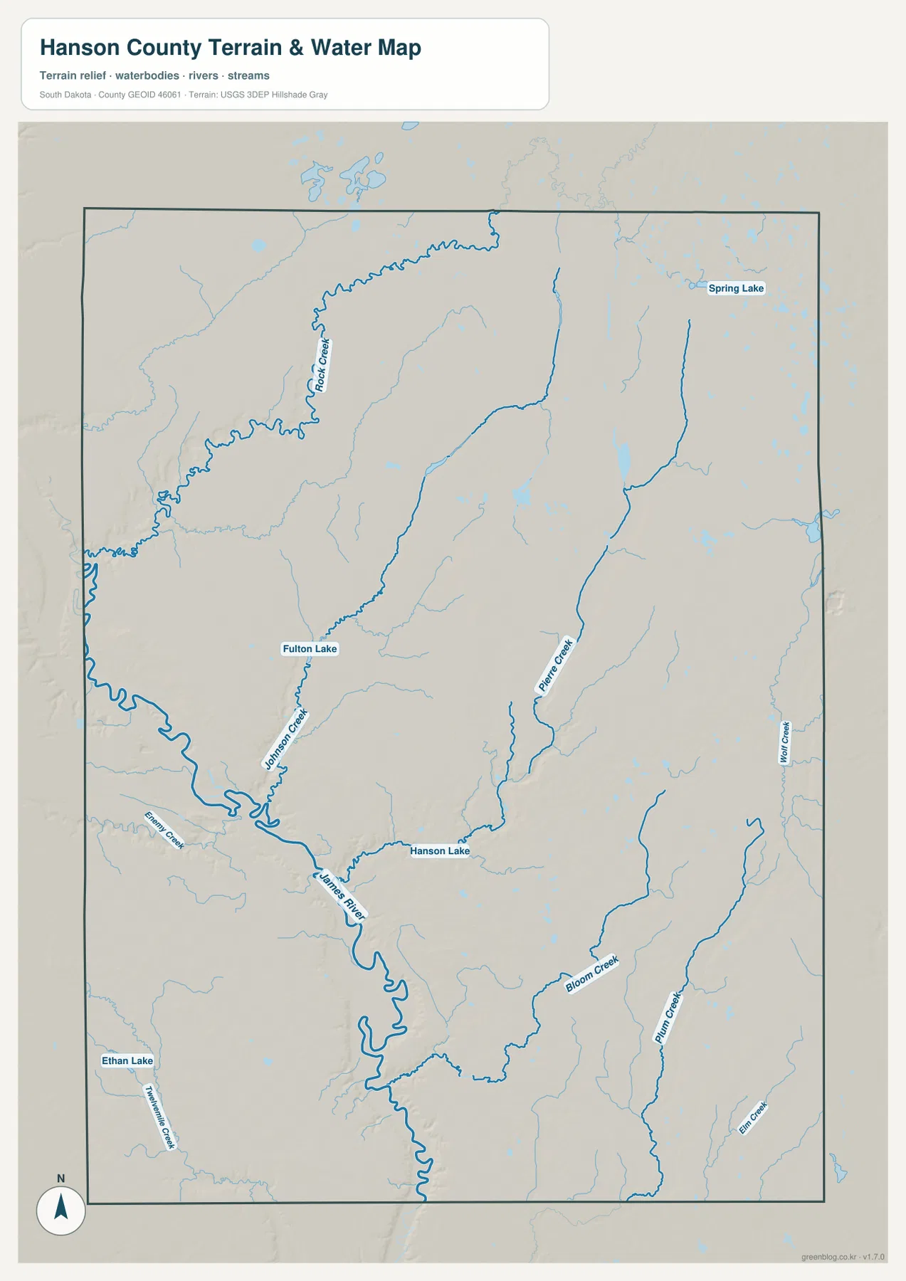 Hanson County terrain and water map showing the James River, Rock Creek, Johnson Creek, Pierre Creek, Hanson Lake, and other streams and lakes