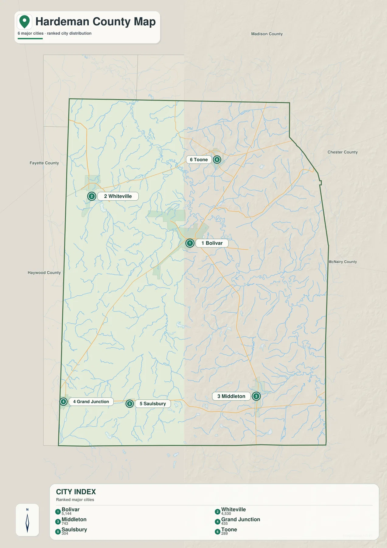 Hardeman County Tennessee city map showing Bolivar, Whiteville, Middleton, Grand Junction, Saulsbury, and Toone