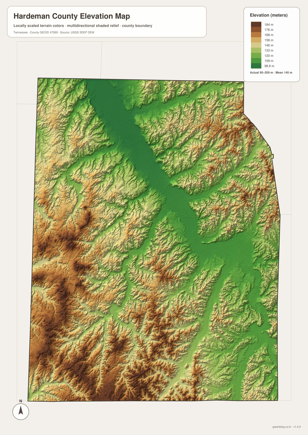 Hardeman County Tennessee elevation map showing 95 to 209 meter relief, Hatchie River lowland and higher southwestern uplands
