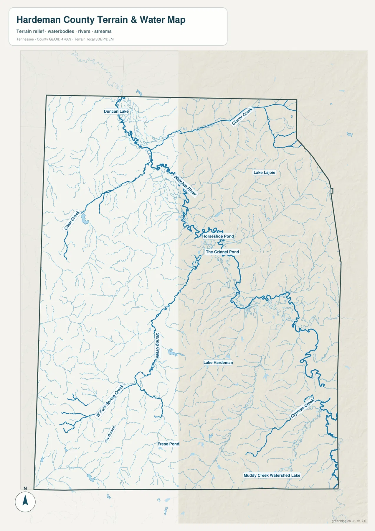 Hardeman County Tennessee water map with Hatchie River, Clara Creek, Spring Creek, Cypress Creek, Duncan Lake and Lake Hardeman
