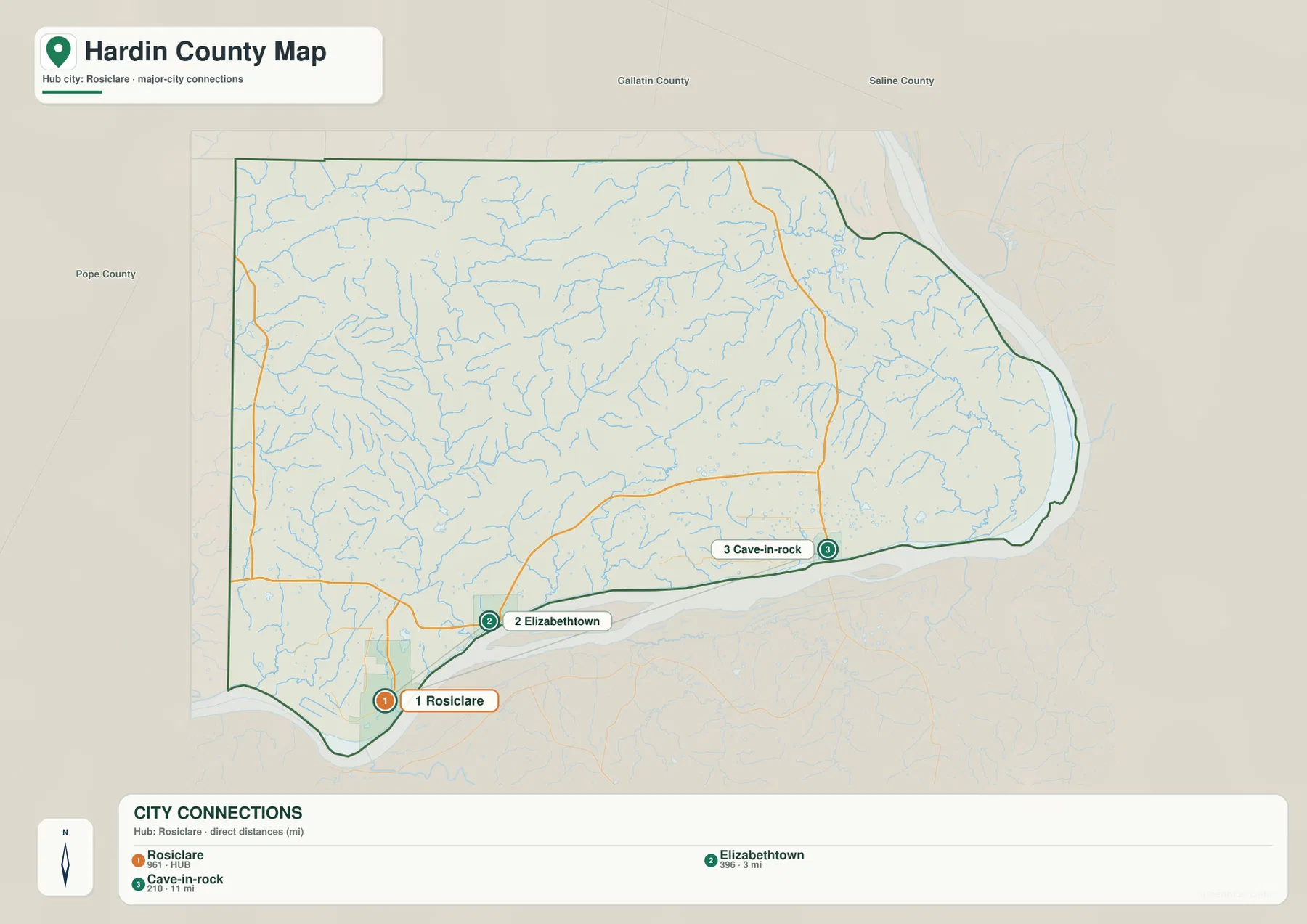 Rosiclare를 허브로 Elizabethtown과 Cave-in-Rock의 직선거리를 보여 주는 Hardin County 도시 연결 지도
