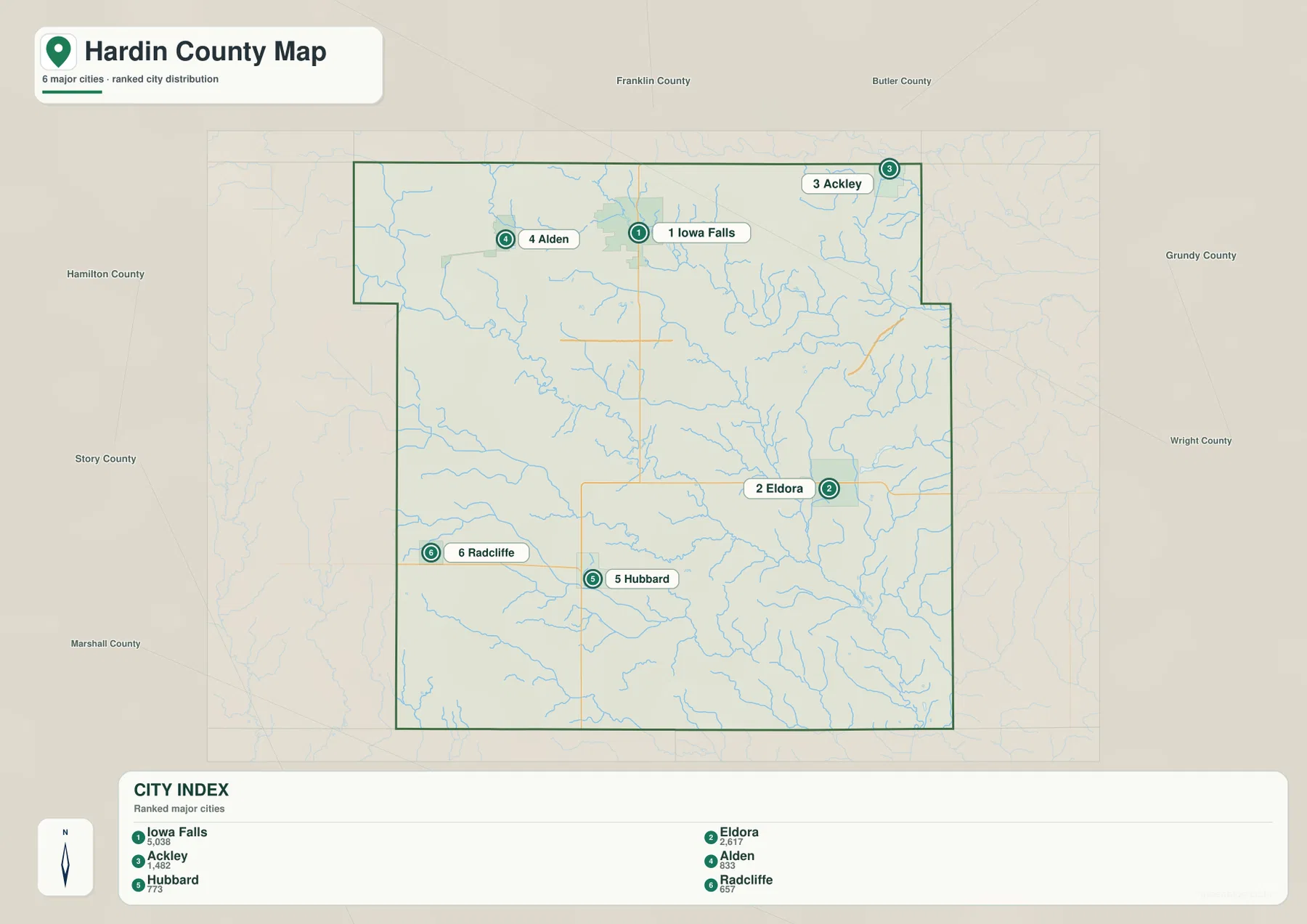 Hardin County Iowa Iowa Falls Eldora Ackley Alden Hubbard Radcliffe 도시 지도