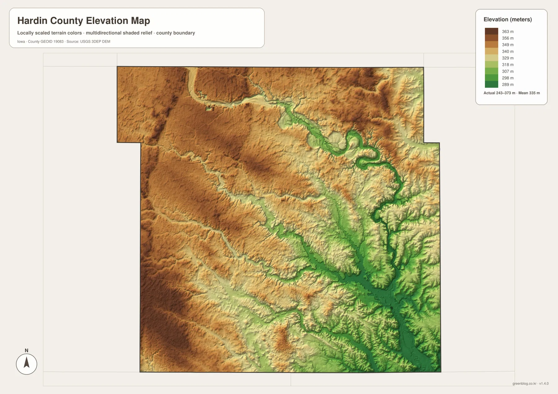 Hardin County Iowa 243 373m 고도 북서 고지 Iowa River 남동 저지 지도