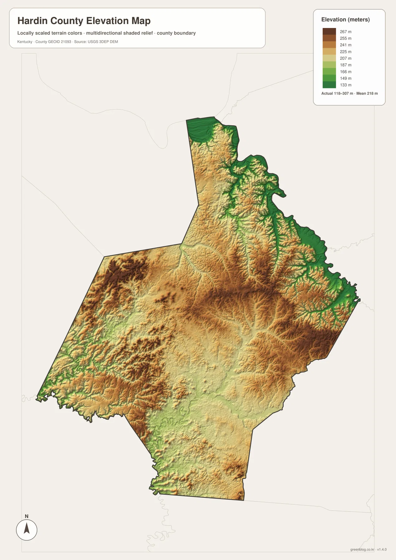 Hardin County elevation map showing an actual 118 to 307 meter range and a mean elevation of 218 meters