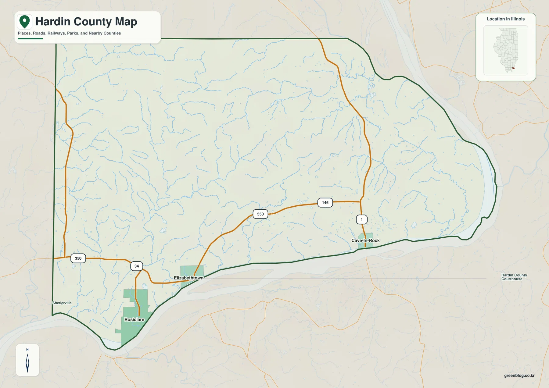 일리노이주 하딘 카운티 지도에 표시된 Rosiclare, Elizabethtown, Cave-in-Rock, Route 146과 Ohio River 경계