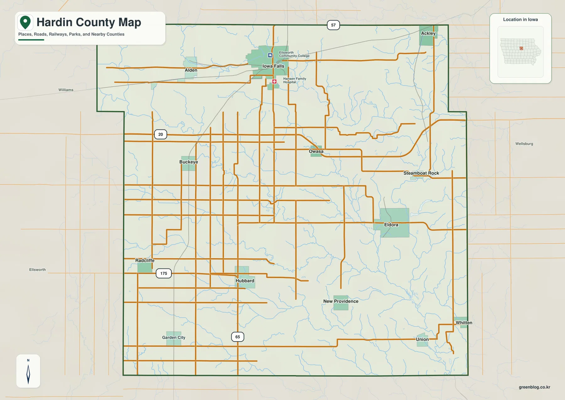 아이오와주 Hardin County Iowa Falls Eldora U.S. 20 U.S. 65 카운티 지도