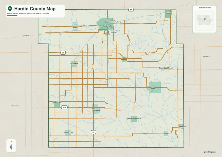 아이오와주 하딘 카운티(Hardin County) 지도 – Iowa Falls·Eldora와 깊은 Iowa River 골짜기