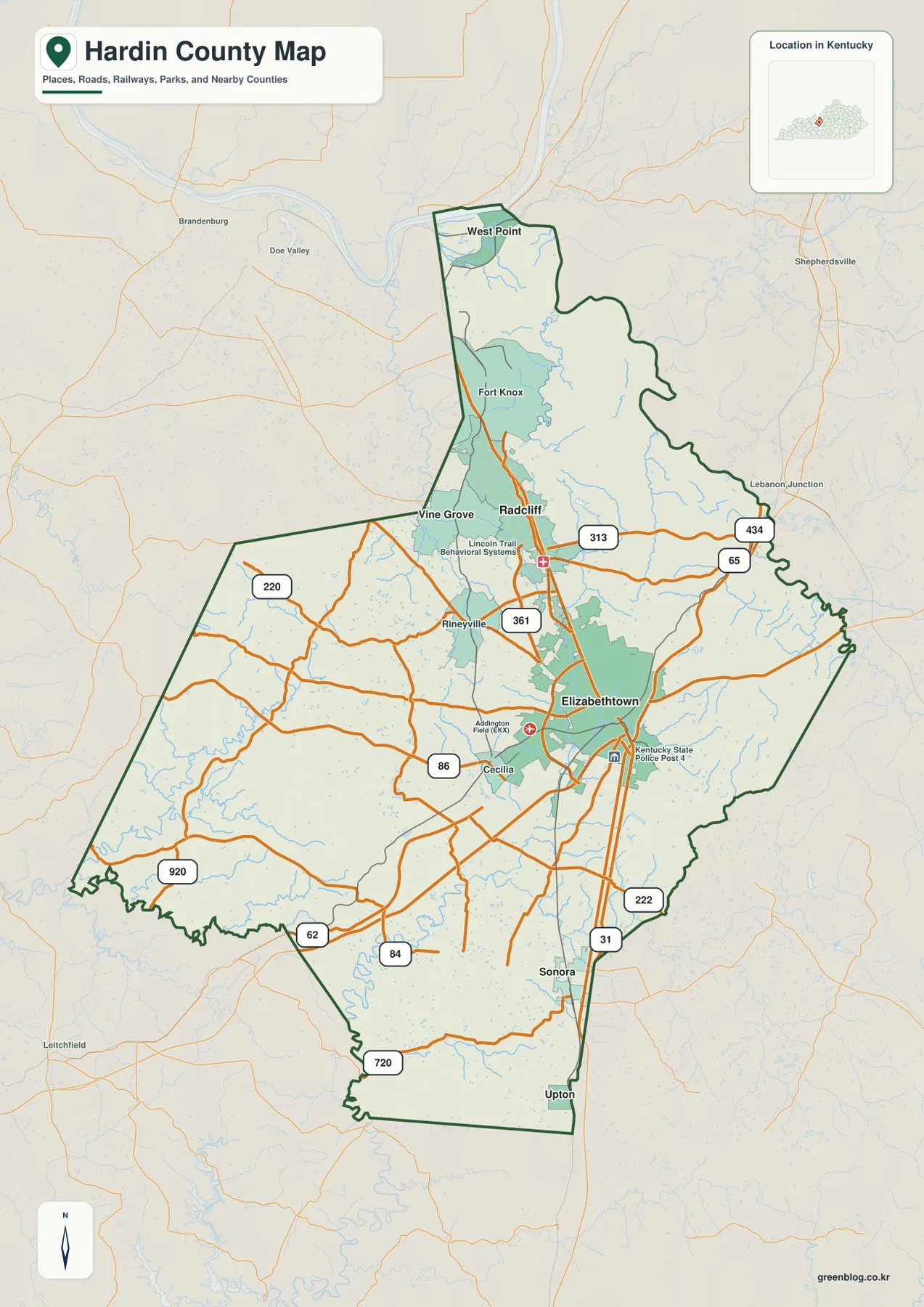 Hardin County Kentucky map showing Elizabethtown, Radcliff, Vine Grove, Fort Knox, I-65, and major state routes