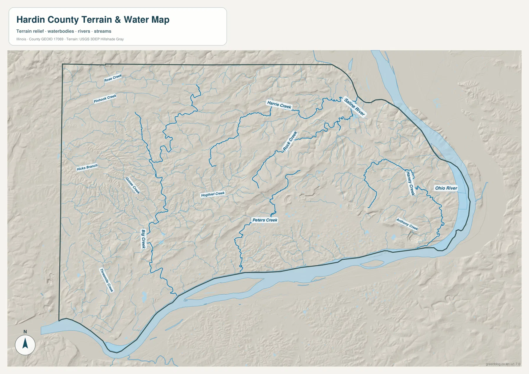 Ohio River, Saline River, Harris Creek, Rock Creek, Peters Creek와 여러 지류가 표시된 Hardin County 수역·지형 지도
