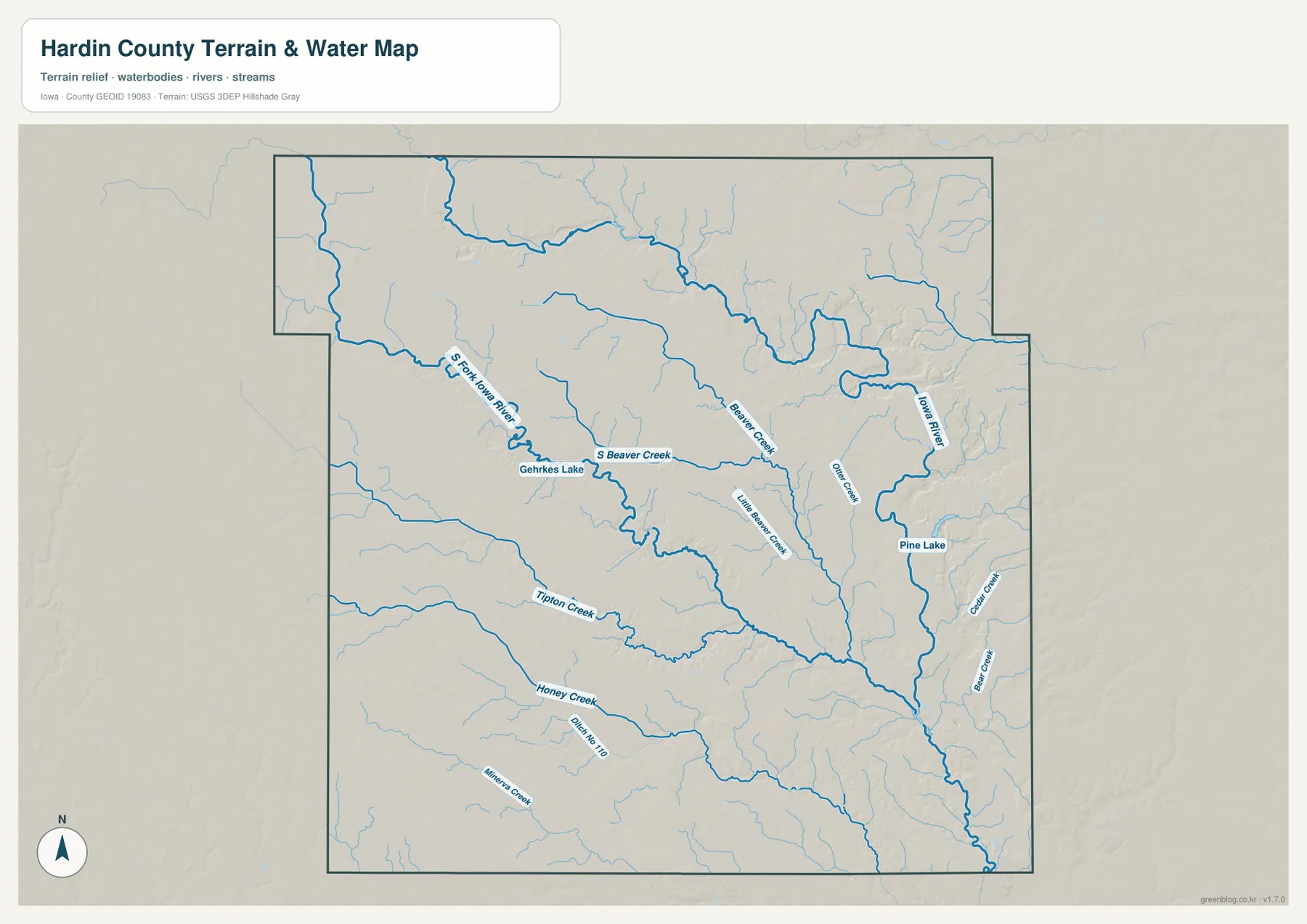 Hardin County Iowa Iowa River South Fork Iowa River South Beaver Creek Pine Lake 물 지형 지도