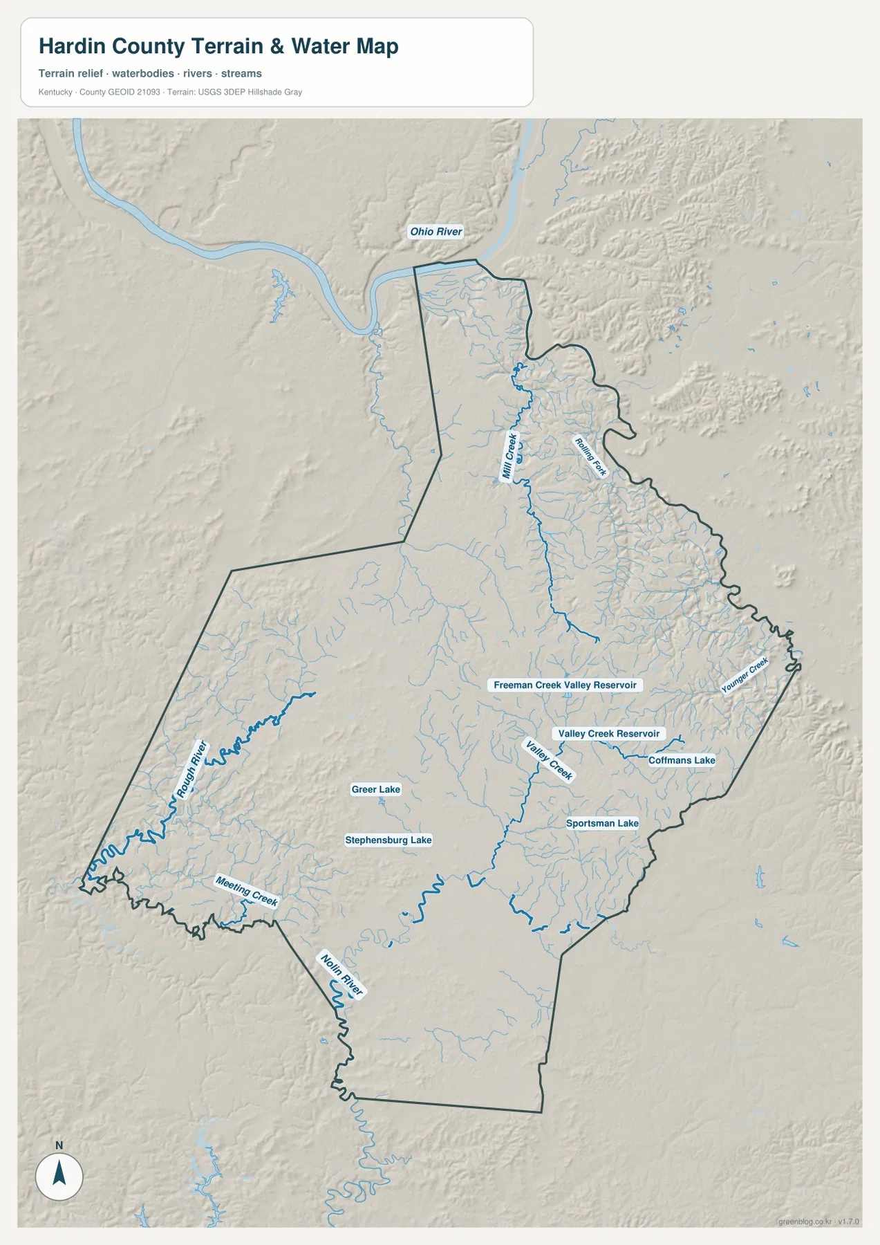 Hardin County terrain and water map showing the Ohio River, Rough River, Nolin River, Mill Creek, Valley Creek, and reservoirs